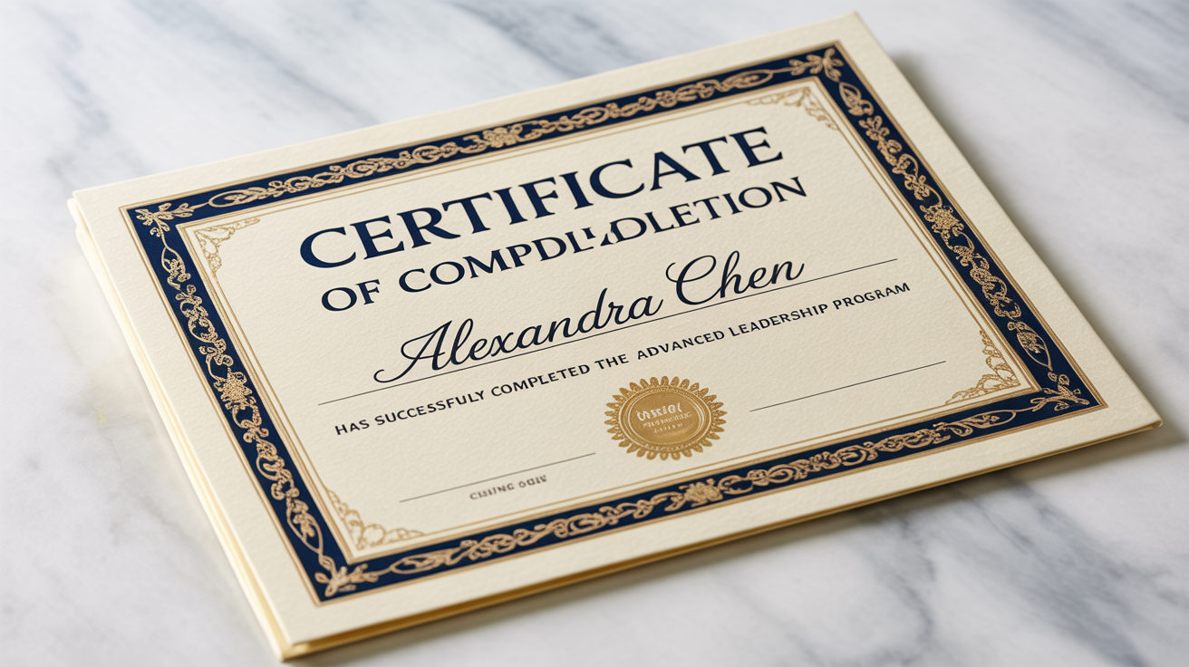 A professionally designed certificate of completion for 'Alexandra Chen' with elegant gold and navy blue borders, resting on a white surface.