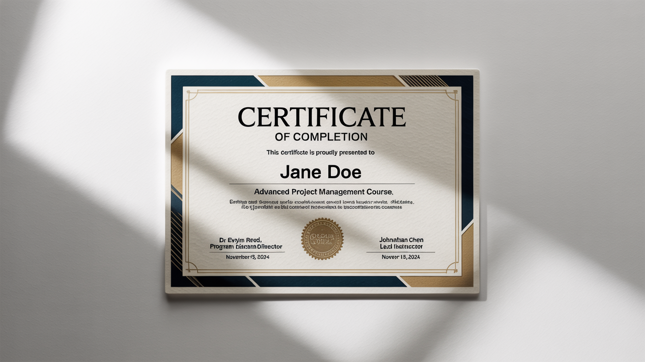 A professional mockup of a certificate of completion for an 'Advanced Project Management Course', awarded to 'Jane Doe' from the 'Global Learning Academy', featuring an elegant blue and gold design on a white background.