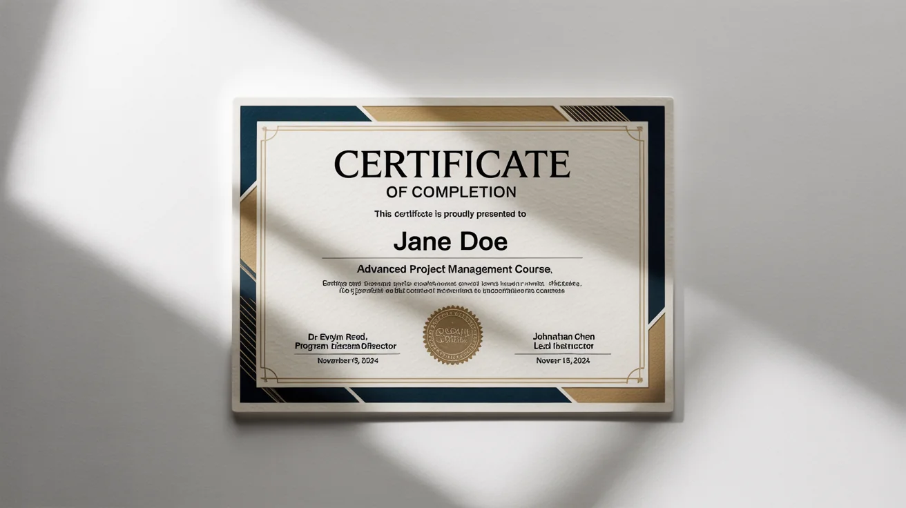 A professional mockup of a certificate of completion for an 'Advanced Project Management Course', awarded to 'Jane Doe' from the 'Global Learning Academy', featuring an elegant blue and gold design on a white background.