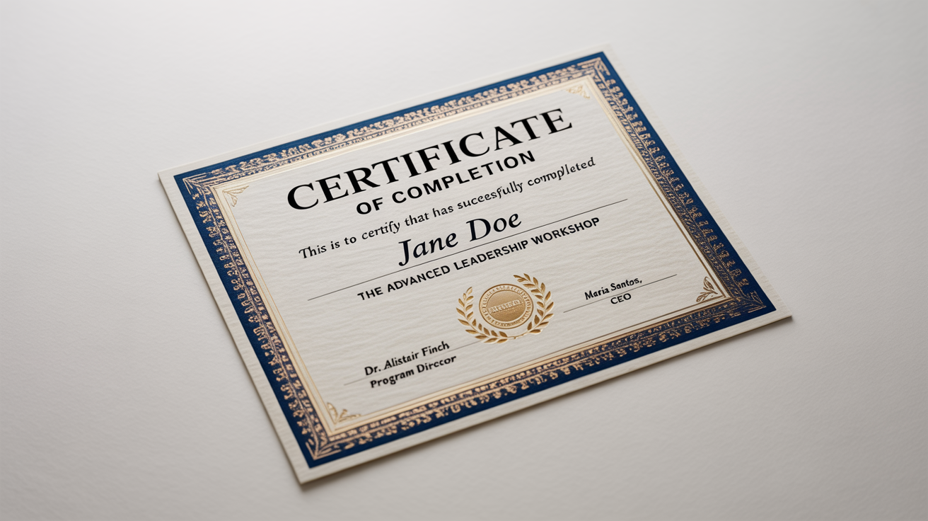 A mockup of a professional certificate of completion for an advanced leadership workshop, featuring an elegant blue and gold border and an embossed gold seal, set against a plain white background.