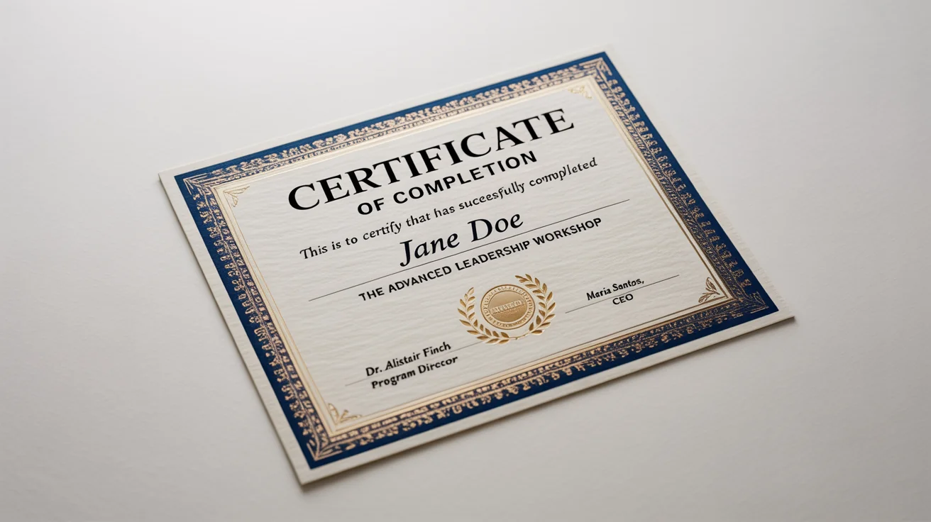 A mockup of a professional certificate of completion for an advanced leadership workshop, featuring an elegant blue and gold border and an embossed gold seal, set against a plain white background.