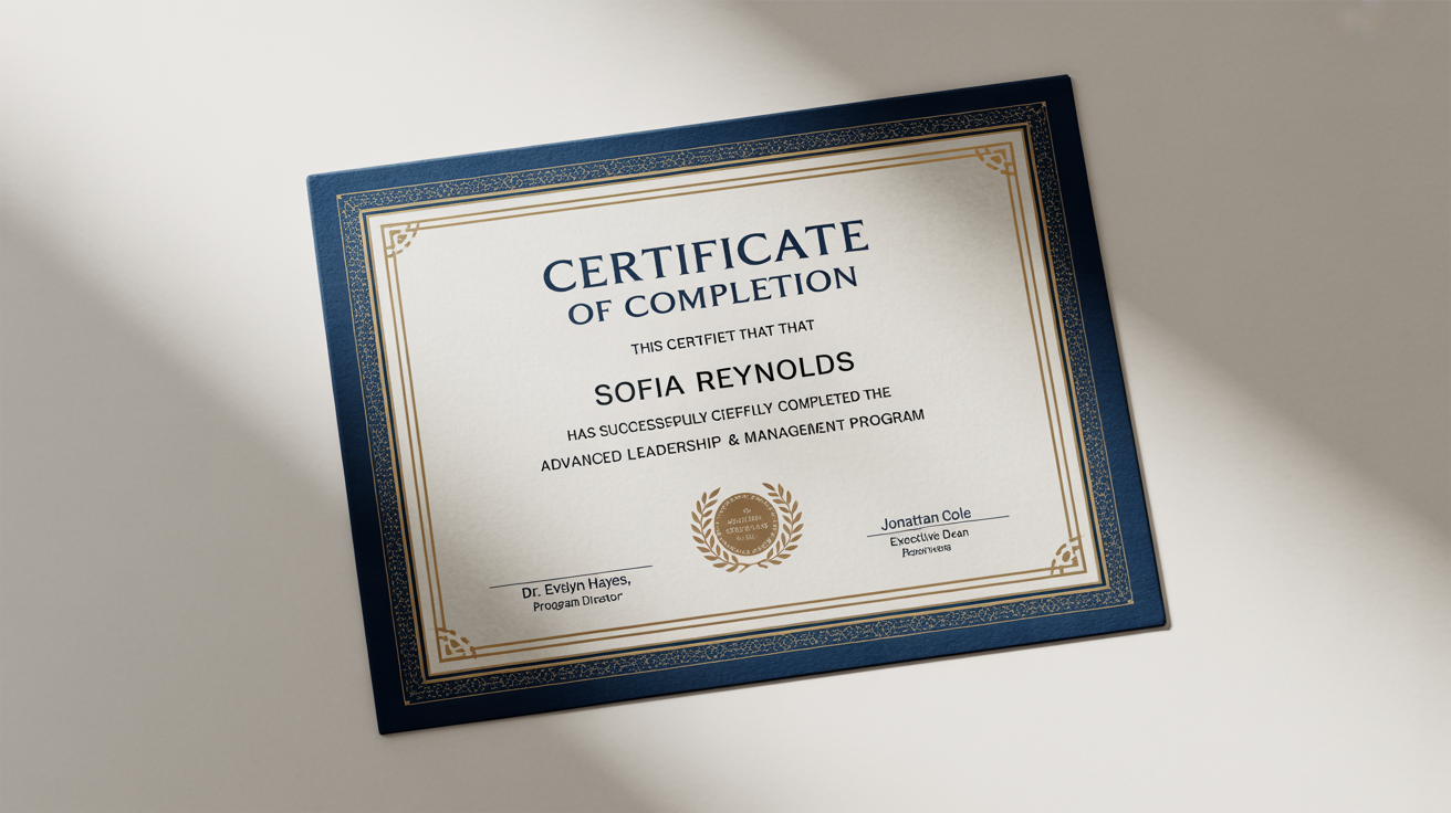 A professional certificate of completion mockup for an Advanced Leadership & Management Program, featuring an elegant navy and gold design with a gold foil seal, presented on a clean white background.