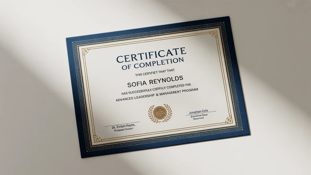 A professional certificate of completion mockup for an Advanced Leadership & Management Program, featuring an elegant navy and gold design with a gold foil seal, presented on a clean white background.
