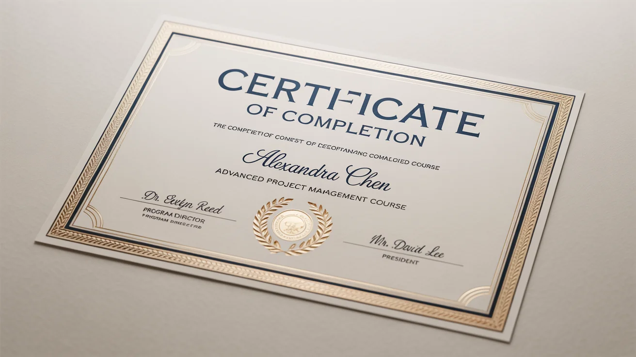 A professionally designed certificate of completion with a navy blue and gold foil border, featuring elegant typography and an embossed gold seal, displayed on a clean white background.