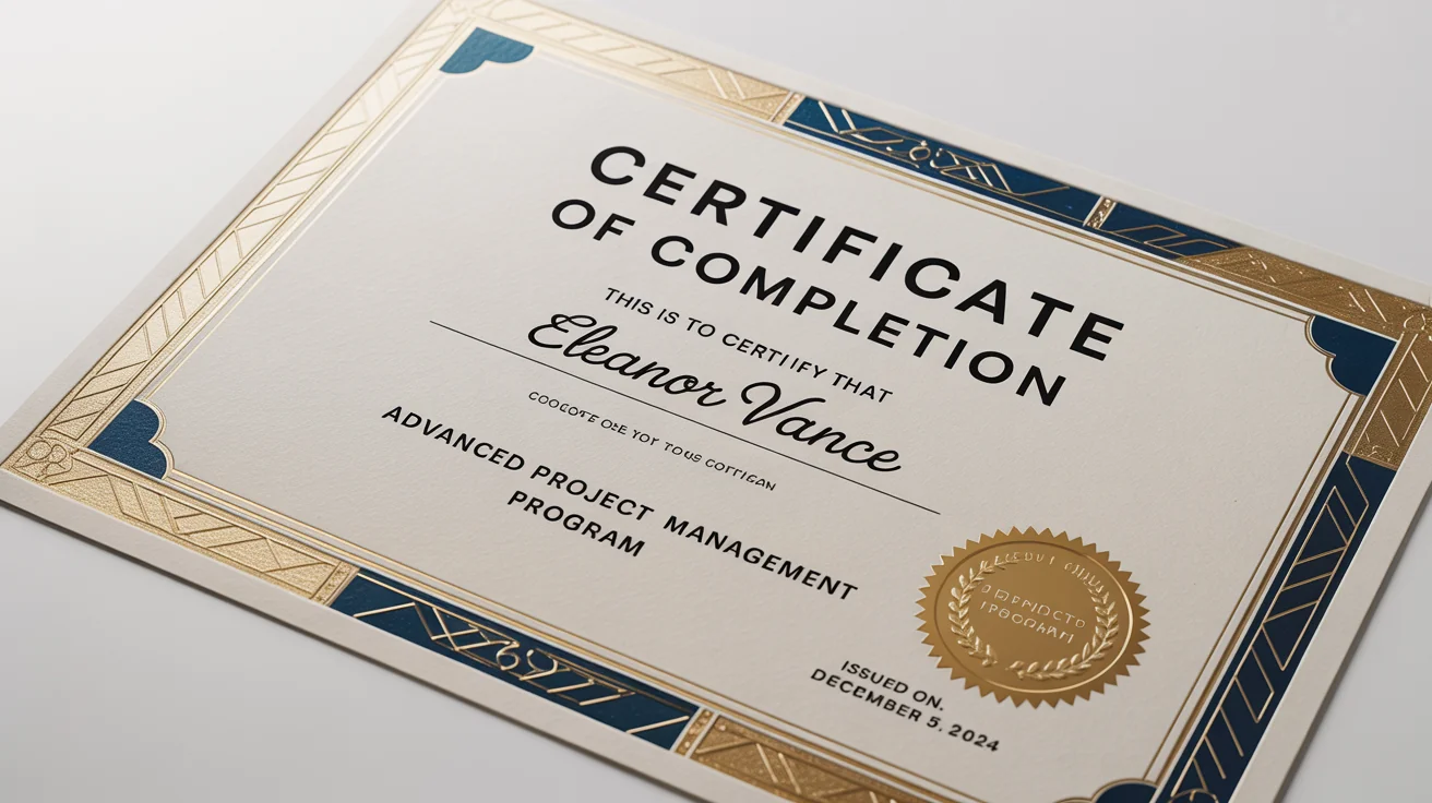 A modern and elegant certificate of completion for an 'Advanced Project Management Program', featuring gold foil and navy blue details, displayed on a clean white background.