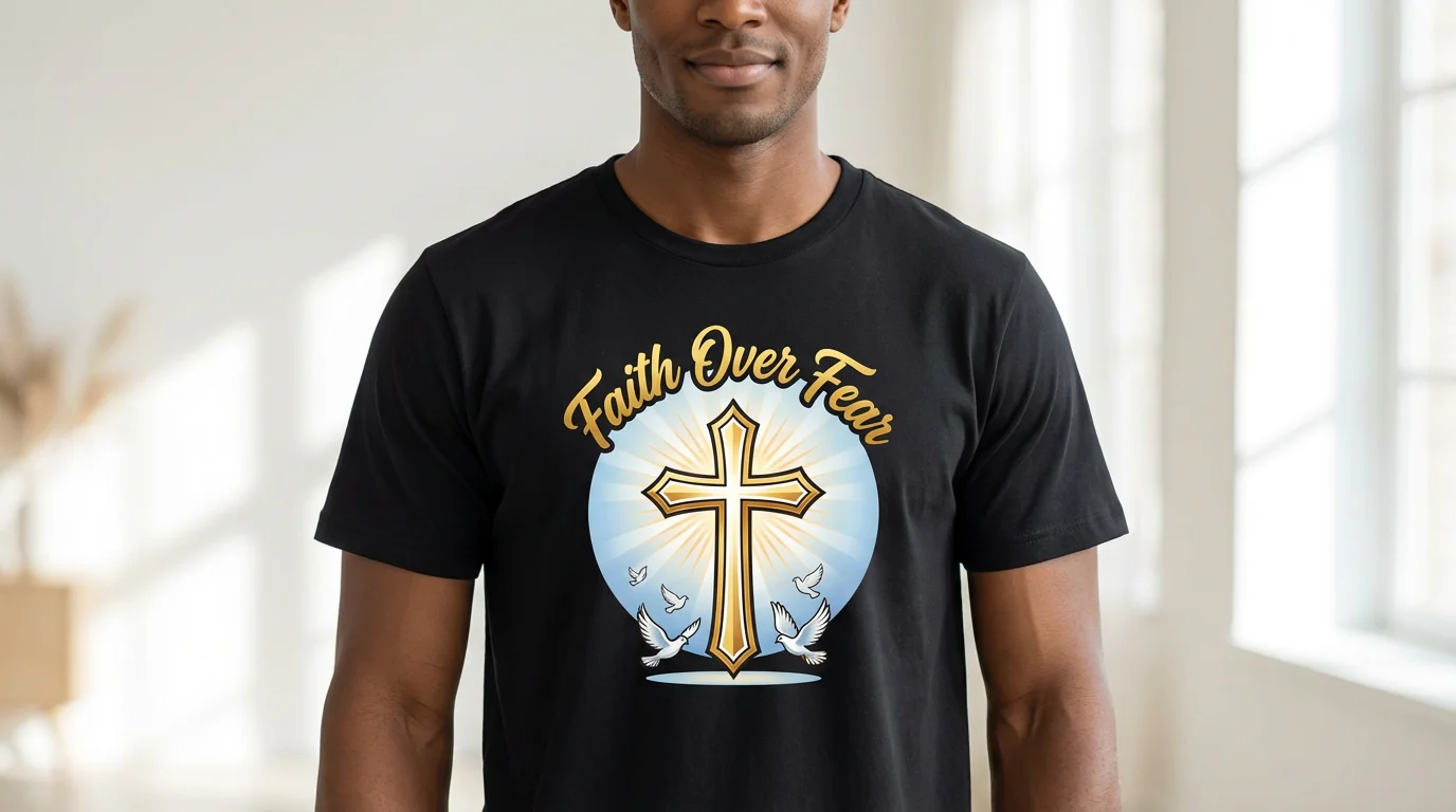 A person wearing a black t-shirt featuring a vibrant gospel design with a stylized cross, rays of light, doves, and the text 'Faith Over Fear' in elegant script.