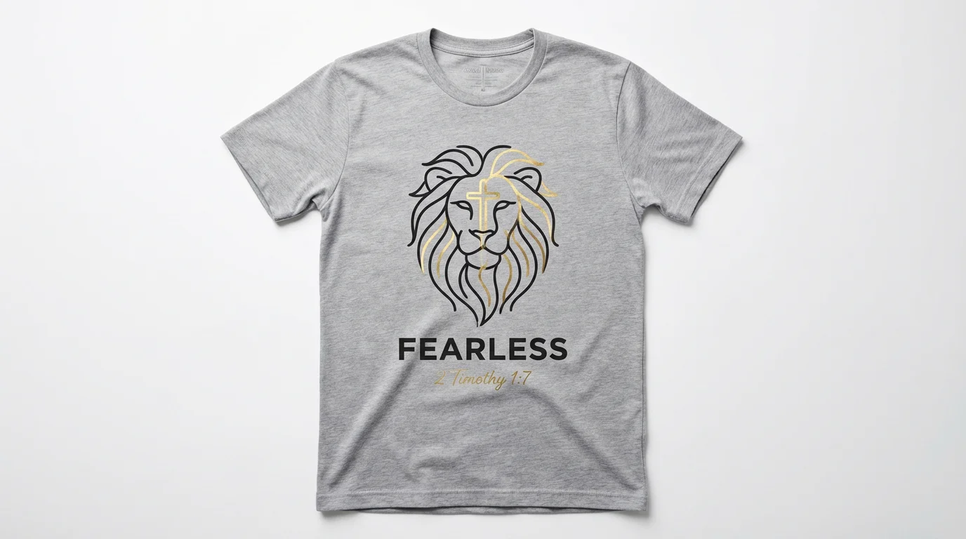A top-down view of a heather gray gospel t-shirt on a white background. The shirt has a black and gold graphic of a lion with a cross in its mane, with the text 'FEARLESS' and '2 Timothy 1:7' printed below.