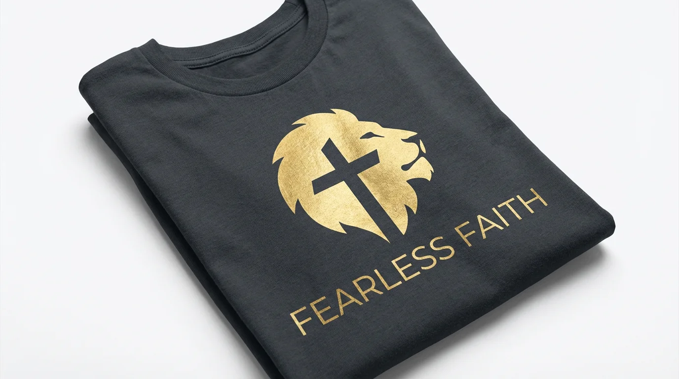 A folded charcoal grey t-shirt on a white background, featuring a gold foil design of a lion's head and a cross with the text 'Fearless Faith' printed below it.