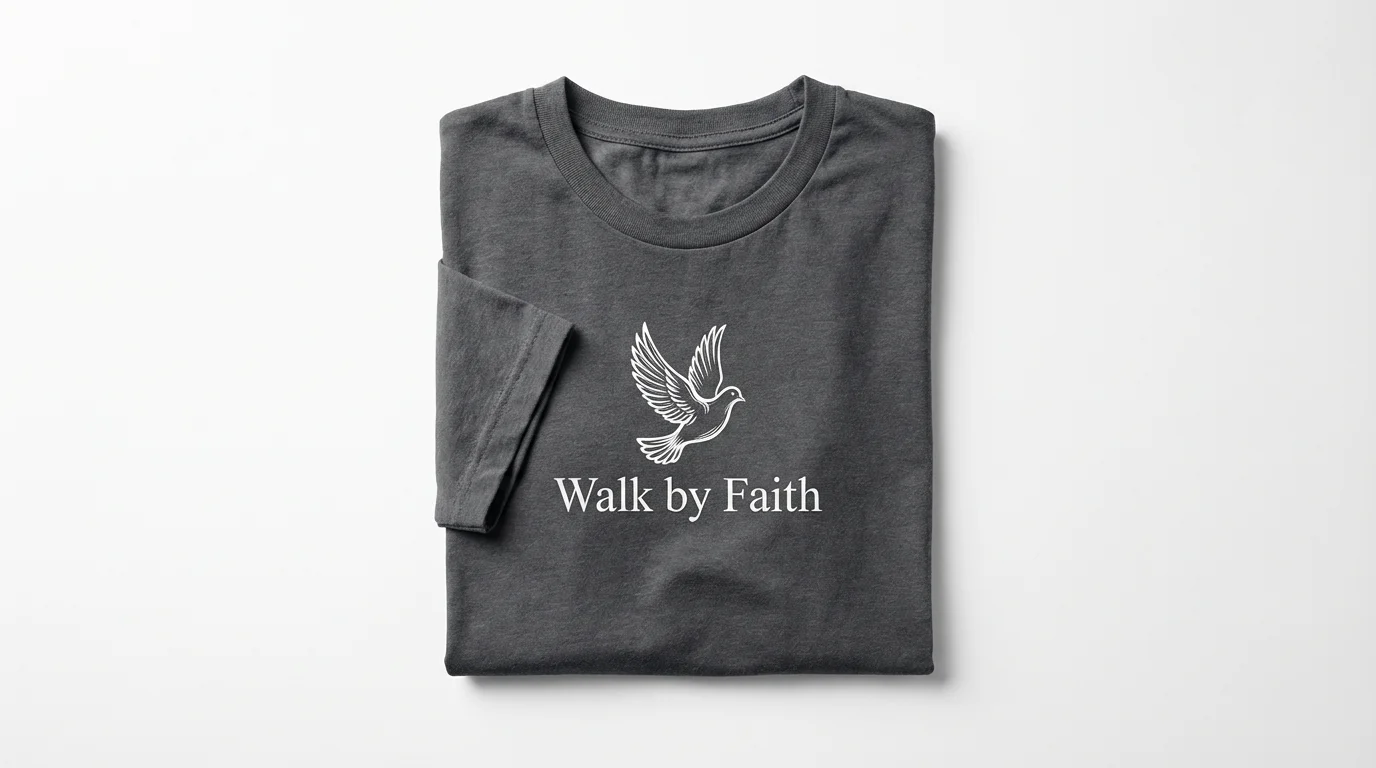 A folded heather grey t-shirt on a white background, featuring a gospel design of a white dove and the text "Walk by Faith".