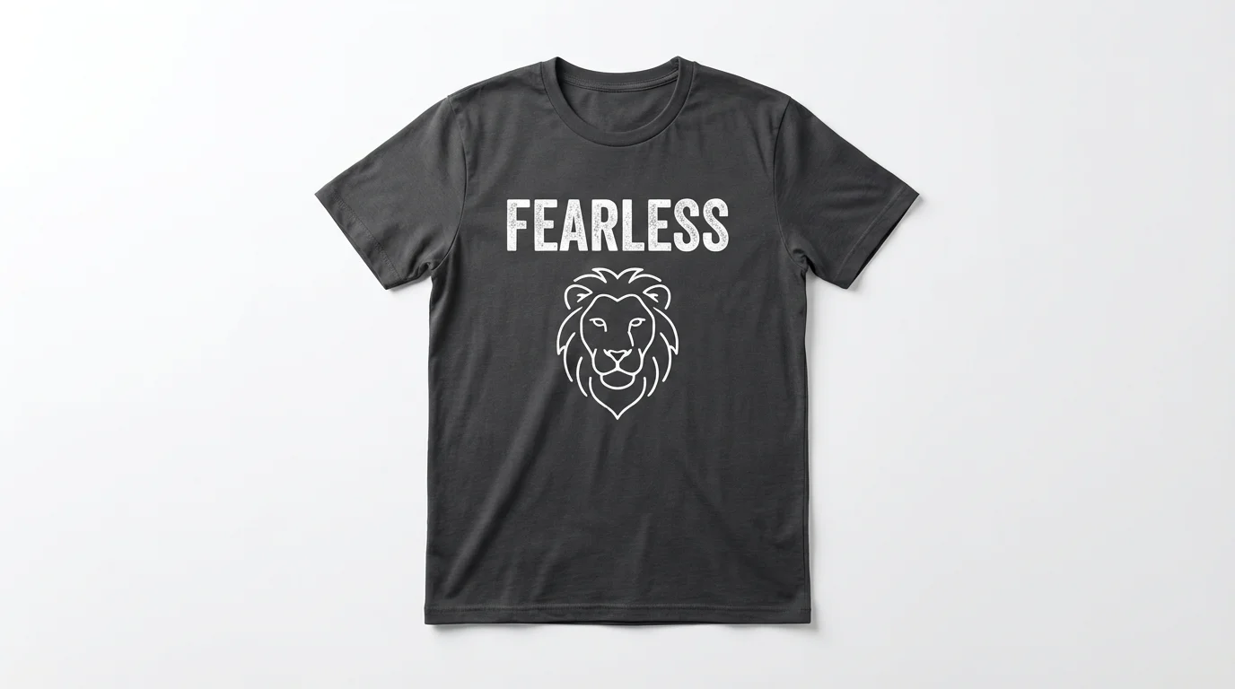 A flat lay image of a charcoal grey t-shirt on a white background. The shirt features a white graphic with the word 'FEARLESS' and a minimalist drawing of a lion's head.