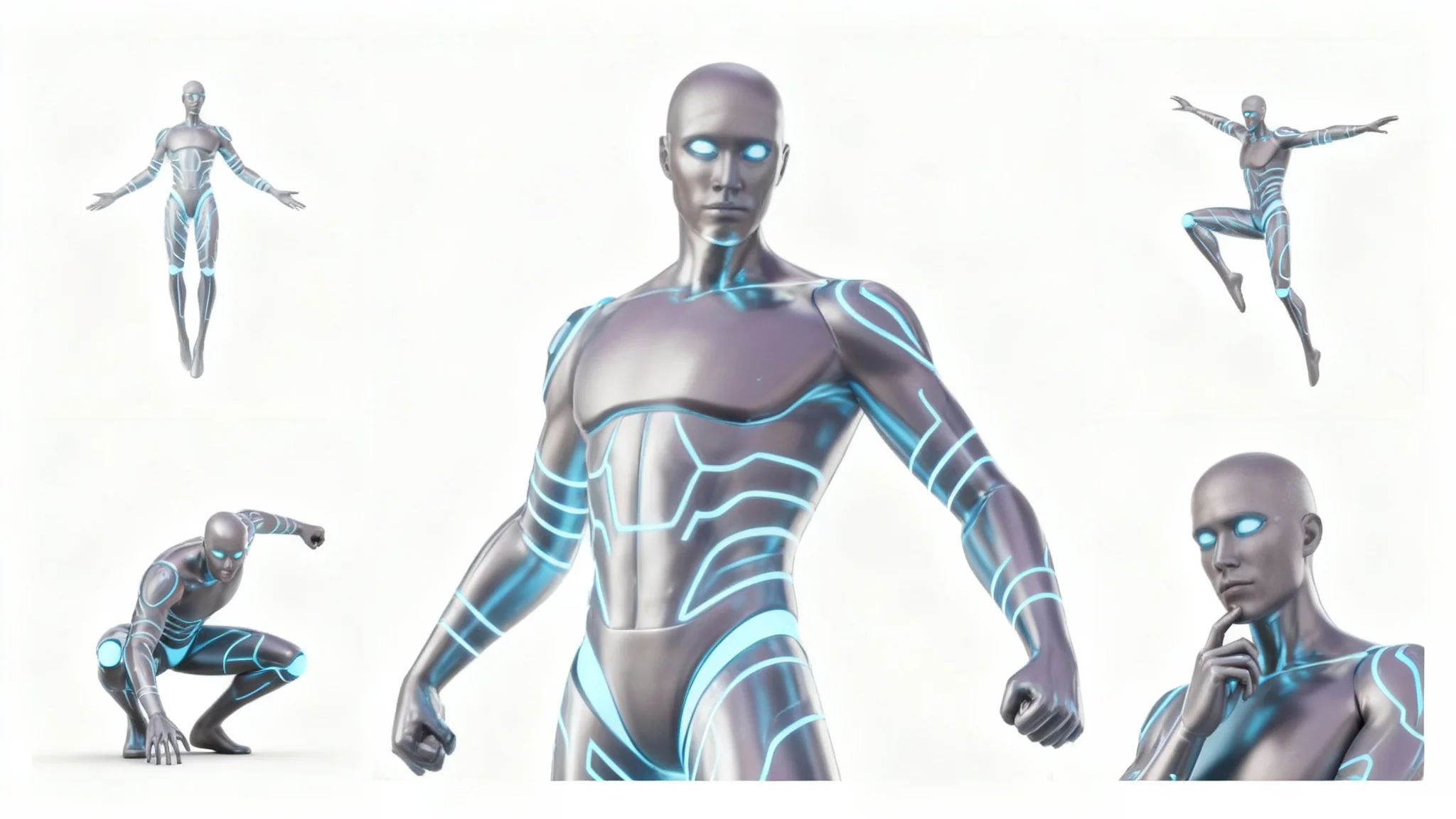 A collage showing a futuristic AI character with metallic skin and blue lights in five different dynamic poses, demonstrating the output of a character posing tool.
