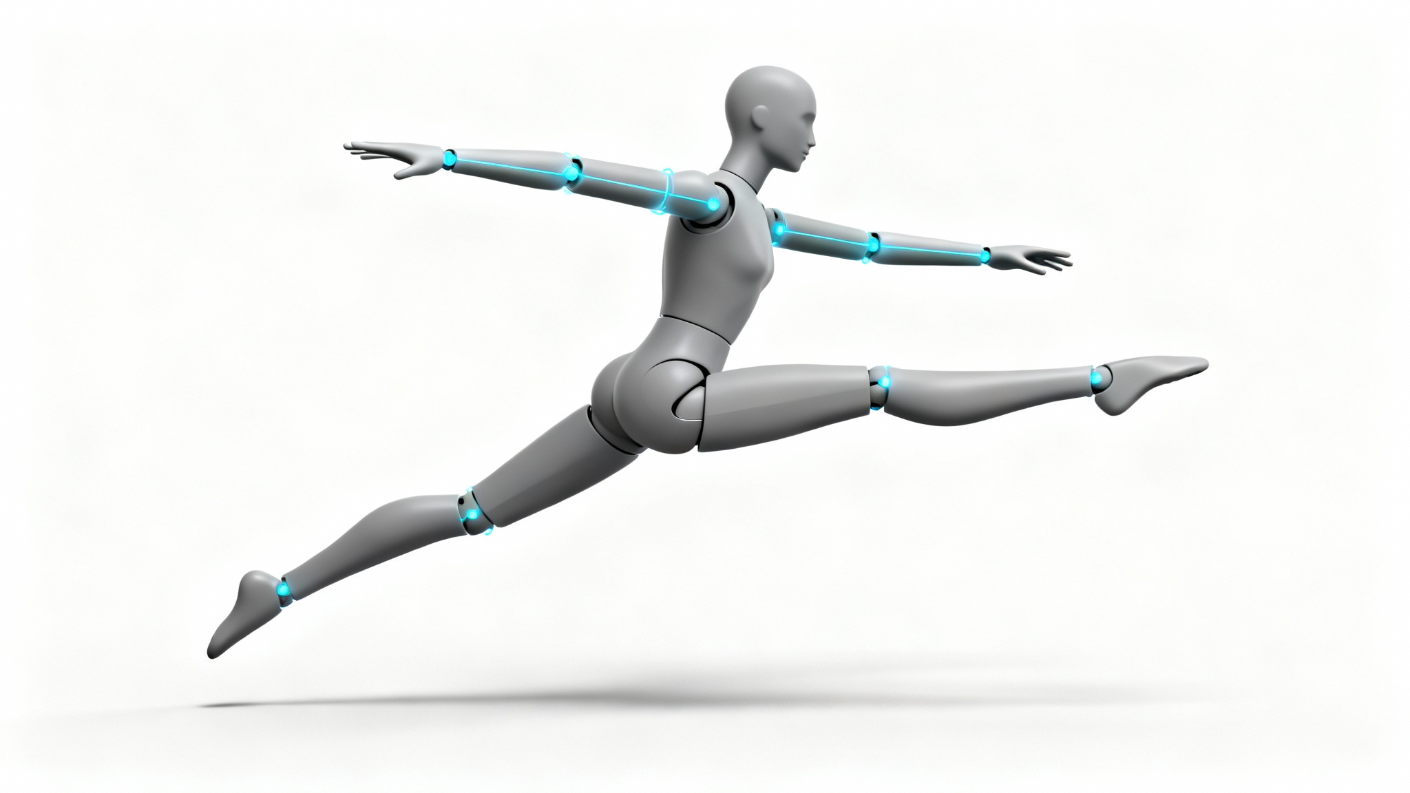 A stylized 3D digital mannequin in a dynamic leaping pose on a white background, with glowing blue lines indicating its posable joints.