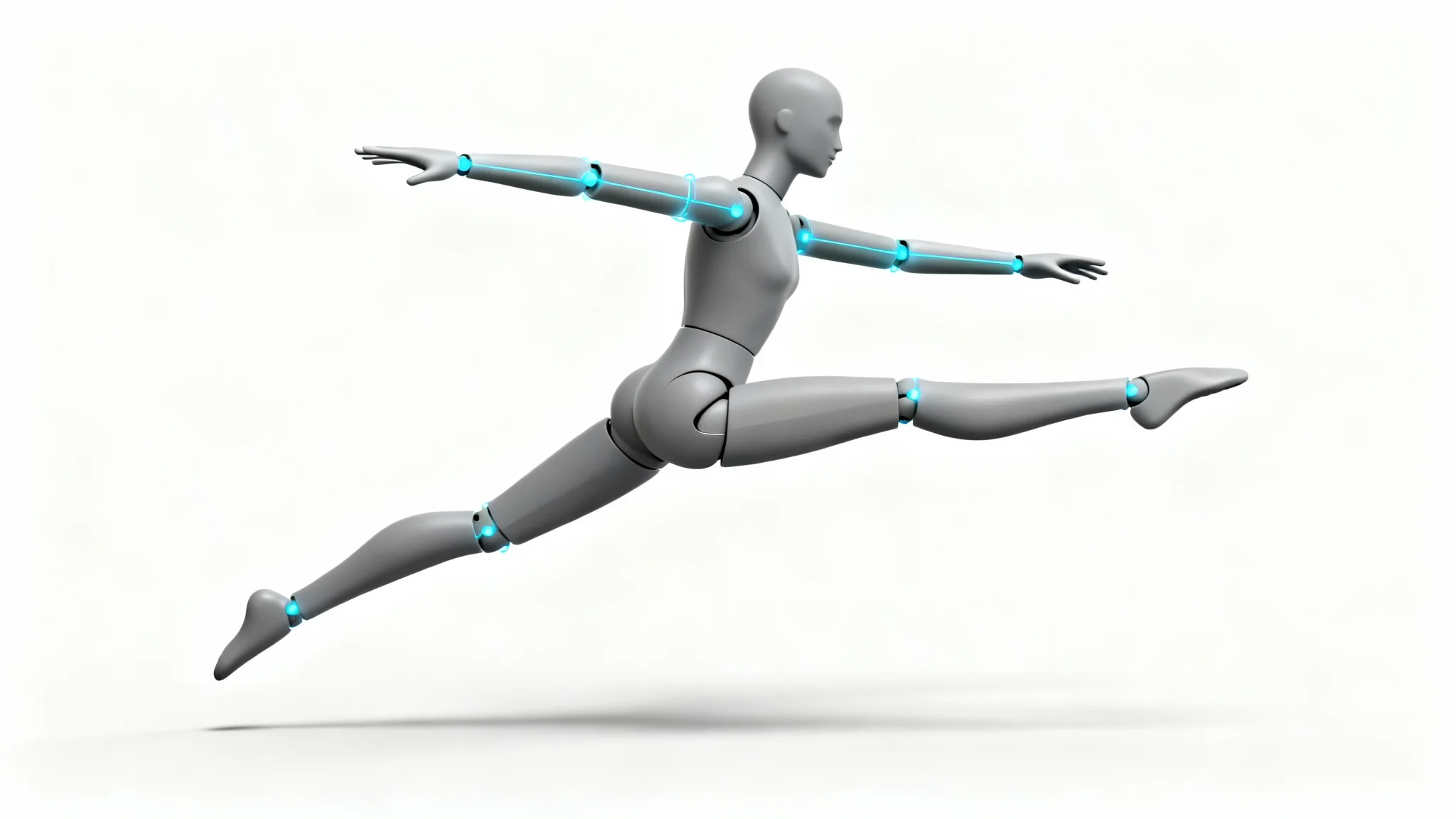 A stylized 3D digital mannequin in a dynamic leaping pose on a white background, with glowing blue lines indicating its posable joints.