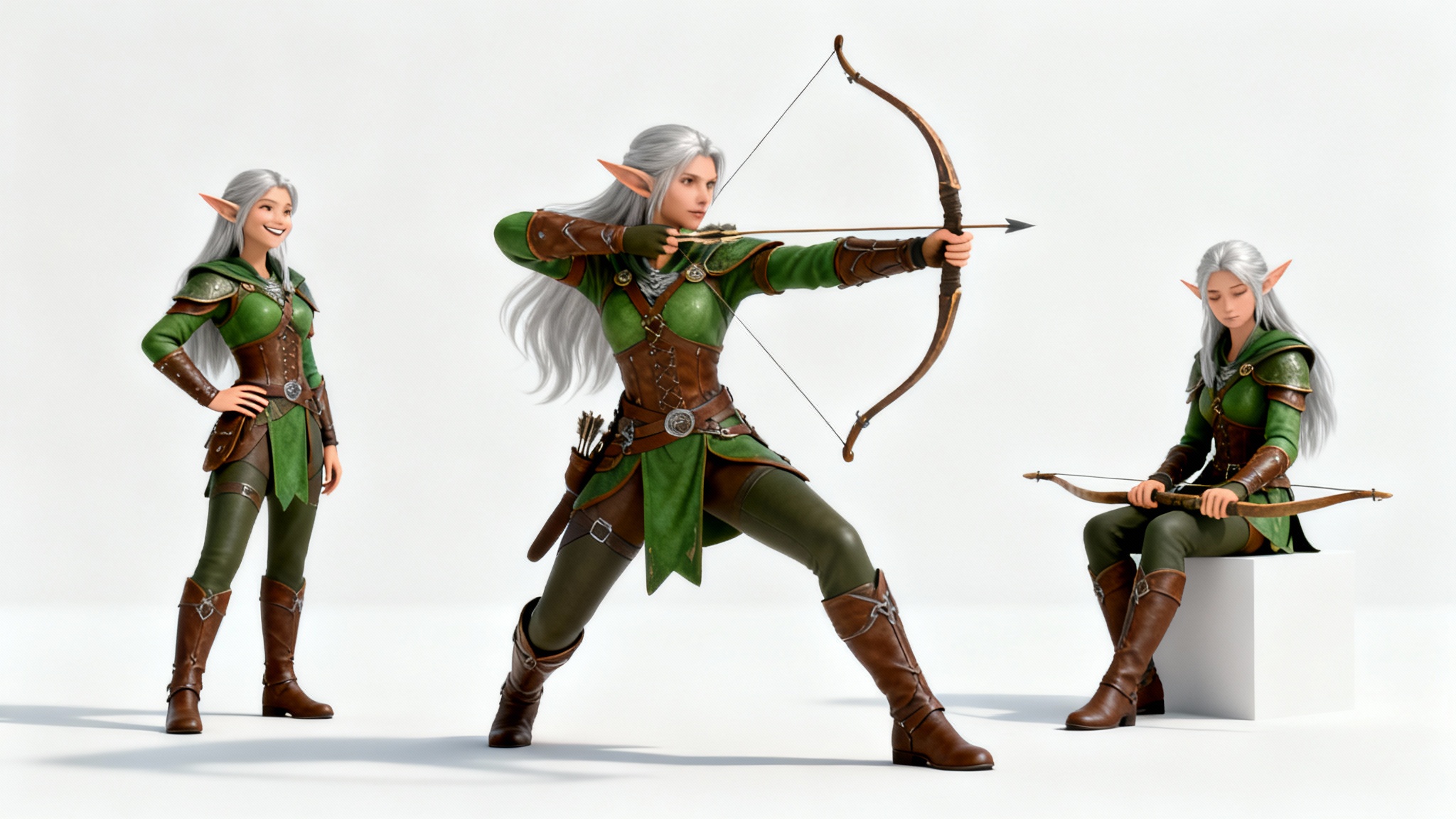 Three 3D models of a female elf archer in different poses against a white background: one drawing a bow, one standing confidently, and one sitting thoughtfully.