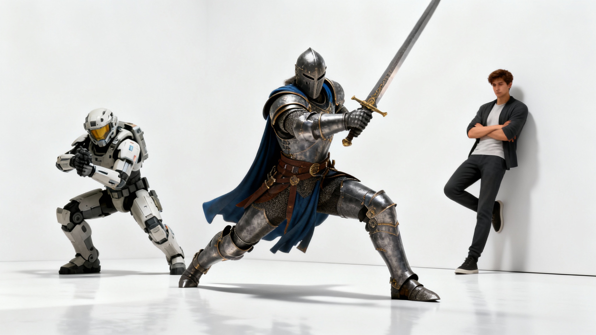 Three distinct 3D character models, a fantasy knight, a sci-fi soldier, and a modern person, each in a different dynamic pose, displayed side-by-side on a white background to showcase character posing.