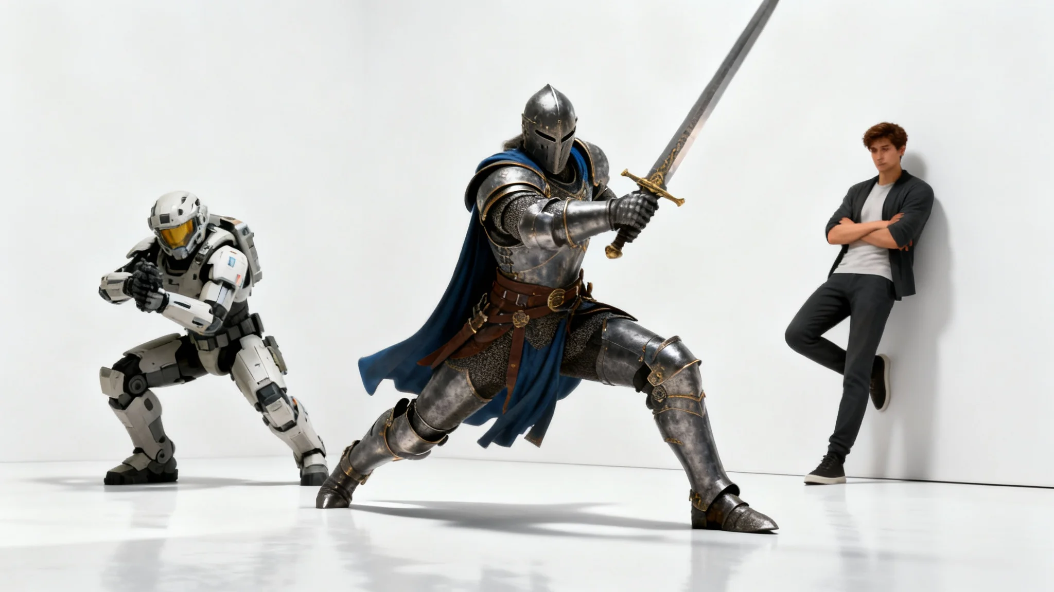 Three distinct 3D character models, a fantasy knight, a sci-fi soldier, and a modern person, each in a different dynamic pose, displayed side-by-side on a white background to showcase character posing.