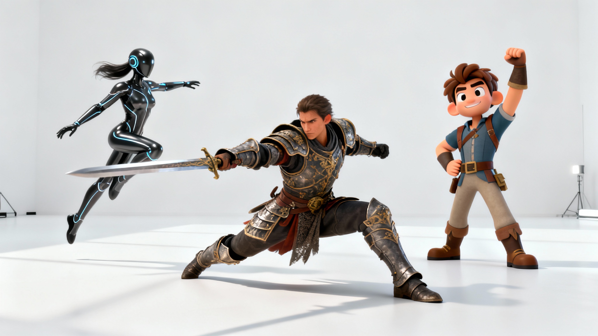 A lineup of varied 3D character models, a fantasy warrior, a sci-fi woman, and a cartoon adventurer, frozen in dynamic action poses on a clean white background, showcasing character posing capabilities.