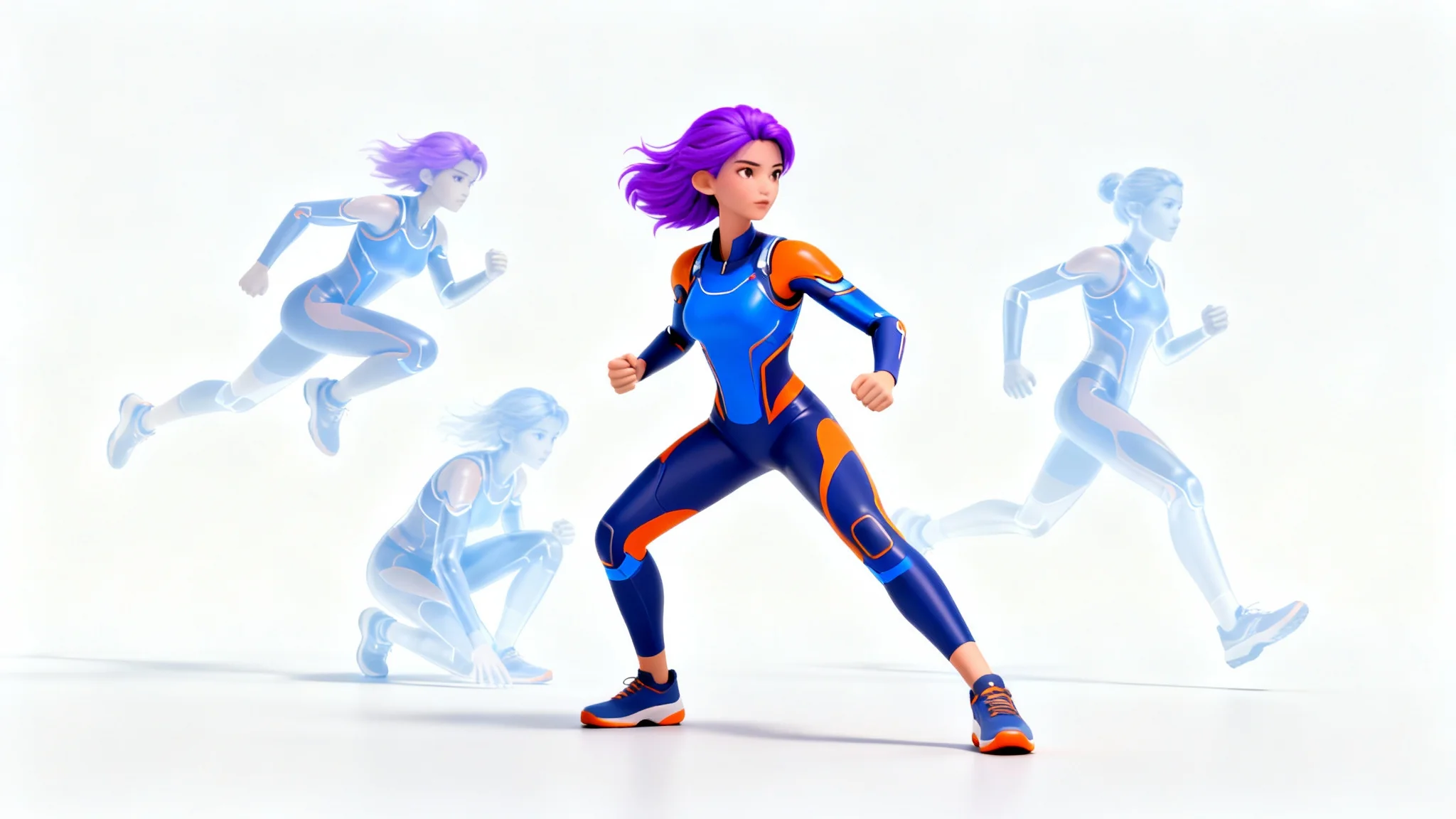 A 3D render of an athletic female character in a central powerful pose, with transparent overlays of her in other dynamic poses, all on a plain white background to represent a character poser.