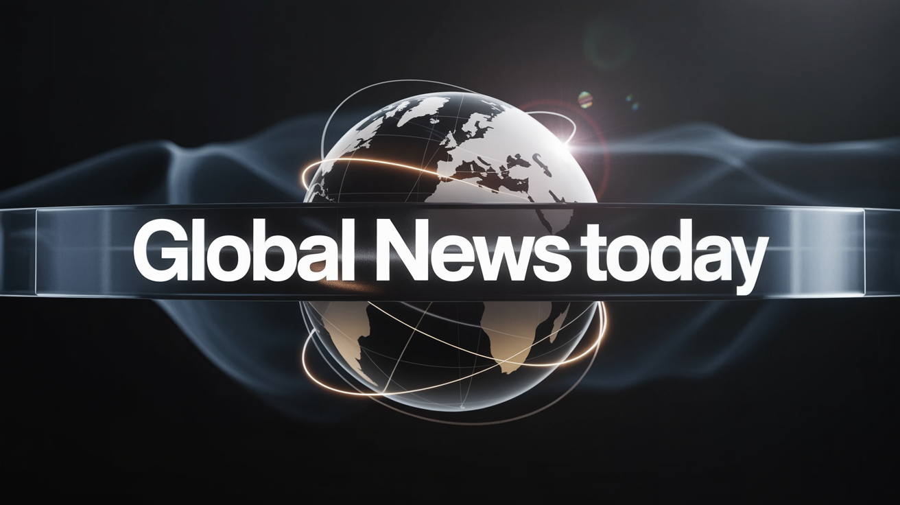 A screenshot from a professional news intro showing a 3D globe with data streams, overlaid with a blue graphic banner that reads 'GLOBAL NEWS TODAY' in bold white letters.