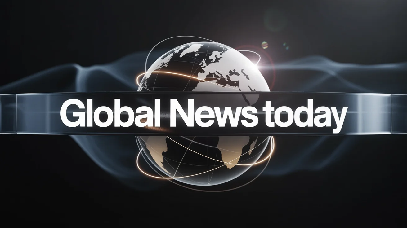 A screenshot from a professional news intro showing a 3D globe with data streams, overlaid with a blue graphic banner that reads 'GLOBAL NEWS TODAY' in bold white letters.