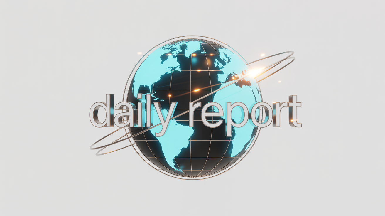 A mockup of a professional news intro graphic featuring a 3D translucent globe with glowing continents, orbited by light streaks. The text 'DAILY REPORT' is displayed in front.