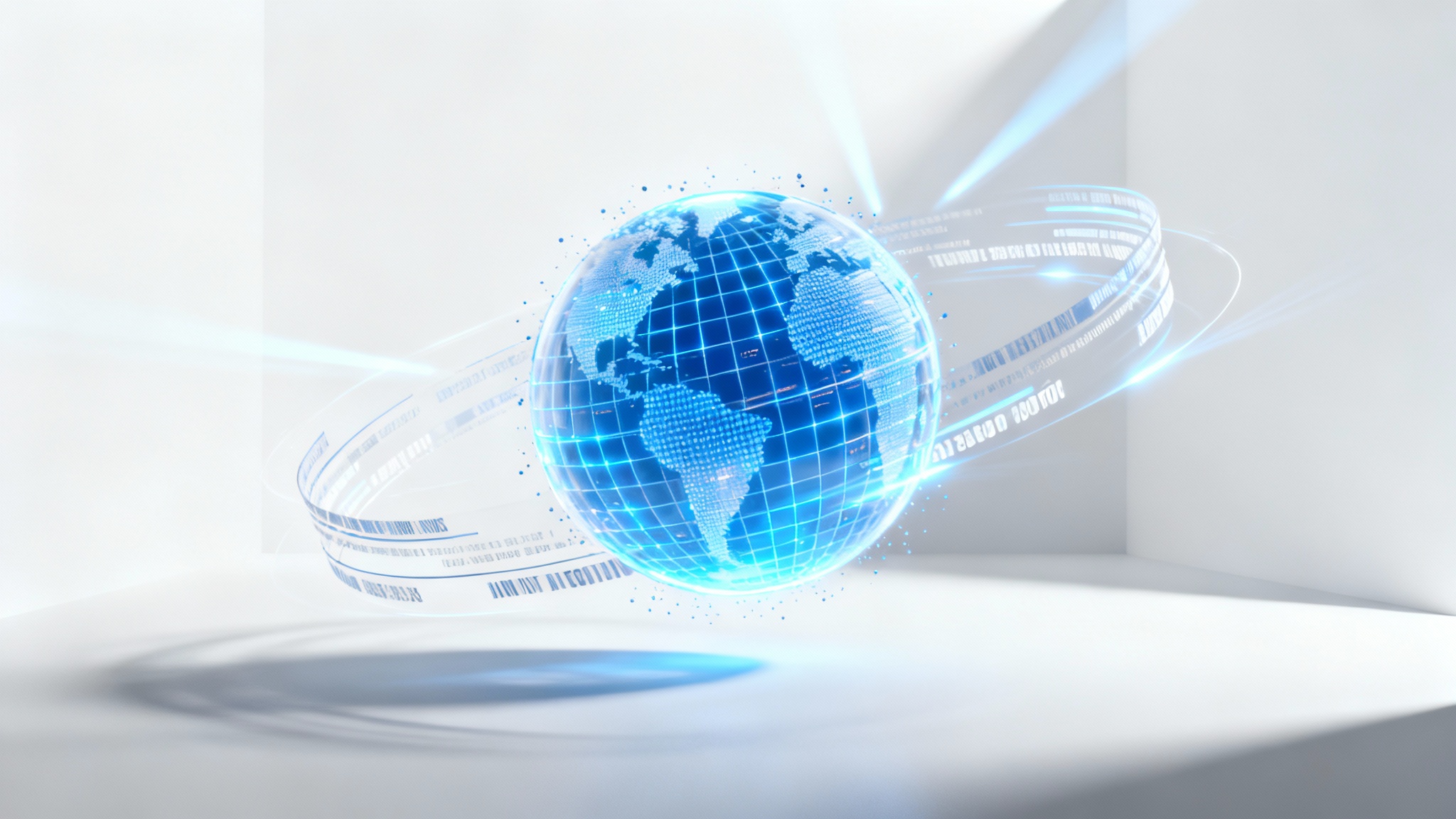 A 3D render of a futuristic news intro, featuring a glowing blue digital globe with light streams orbiting it, set against a clean white background.