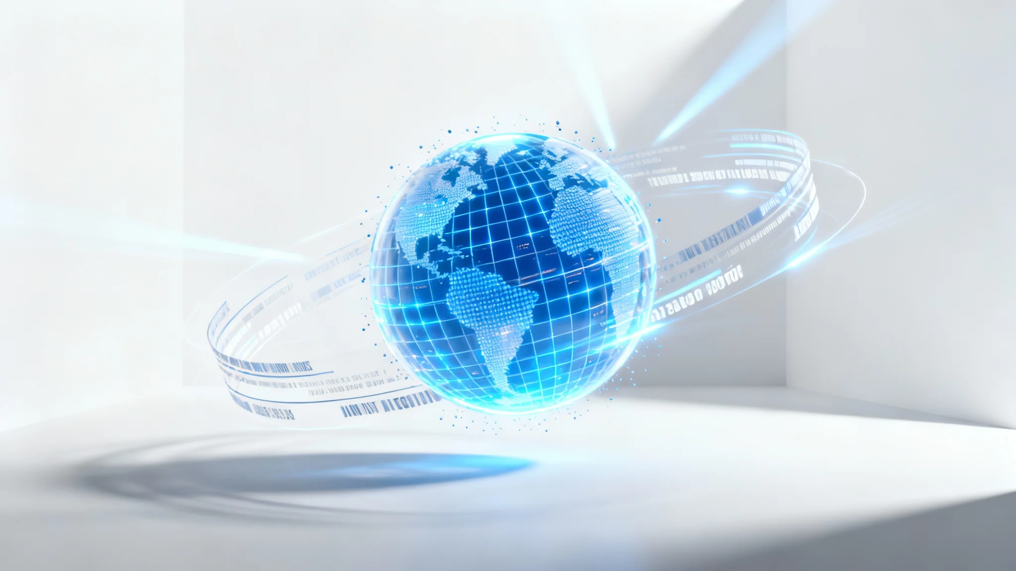 A 3D render of a futuristic news intro, featuring a glowing blue digital globe with light streams orbiting it, set against a clean white background.