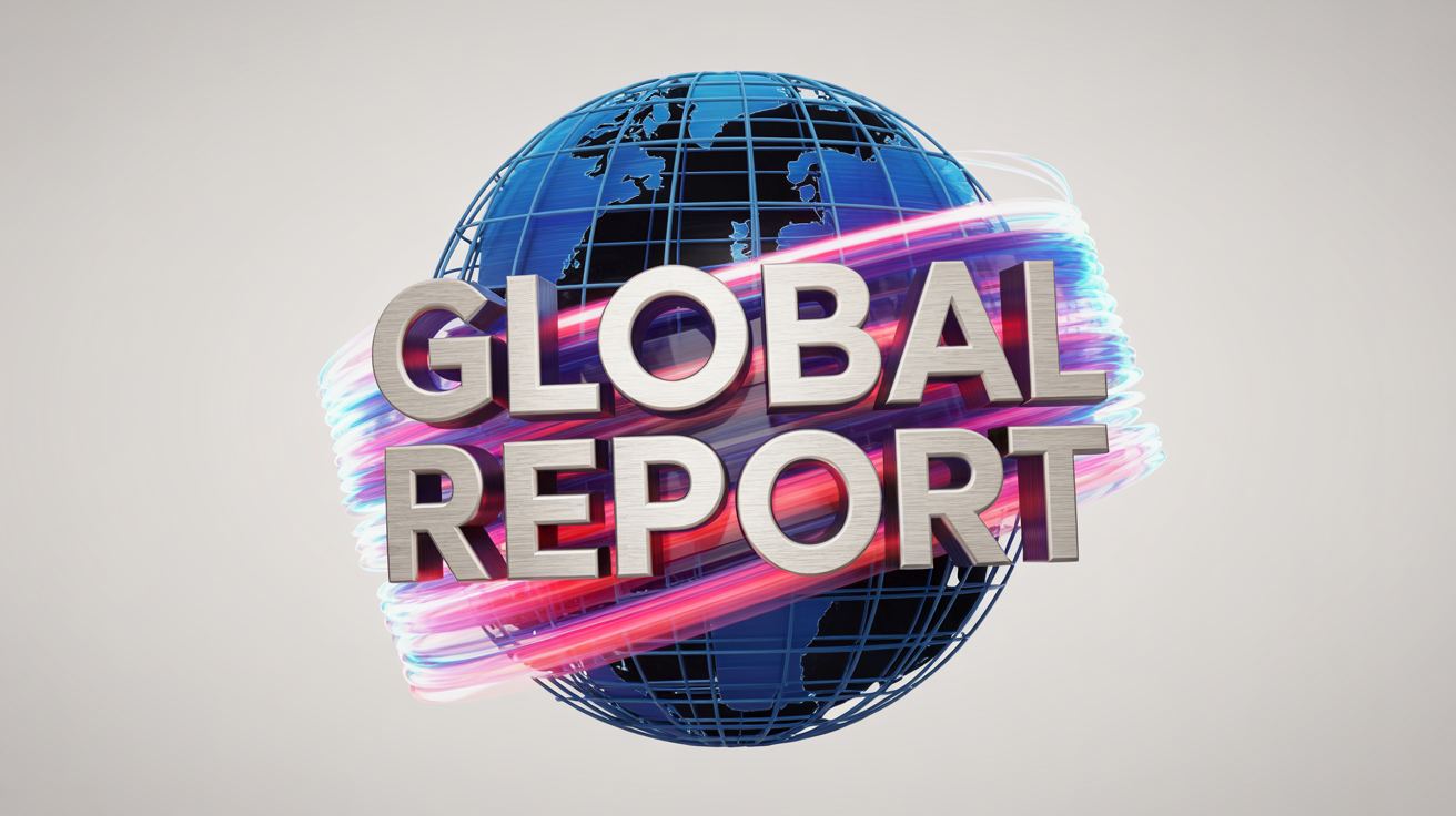 A 3D graphic for a news intro featuring a glowing blue wireframe globe and the metallic text 'GLOBAL REPORT' on a white background, symbolizing global news.