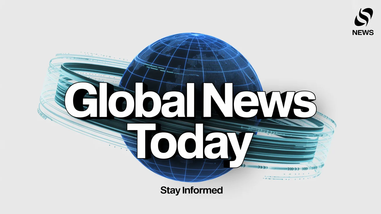 A mockup of a high-tech news intro graphic featuring a glowing blue wireframe globe with the title 'GLOBAL NEWS TODAY' in bold white letters, set against a clean white background.