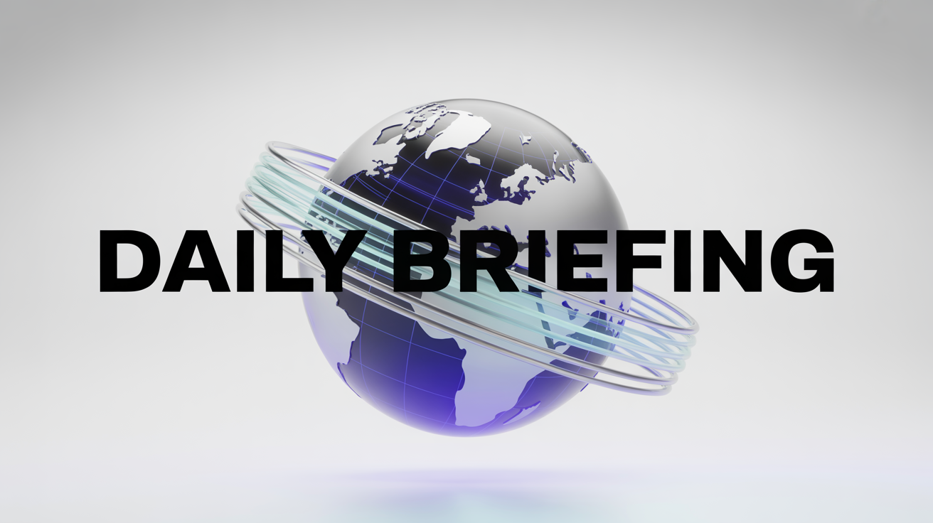 A mockup of a modern news intro graphic, featuring a silver and blue 3D globe with orbiting light streaks and the words 'DAILY BRIEFING' against a white background.