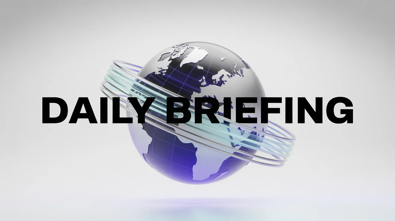 A mockup of a modern news intro graphic, featuring a silver and blue 3D globe with orbiting light streaks and the words 'DAILY BRIEFING' against a white background.
