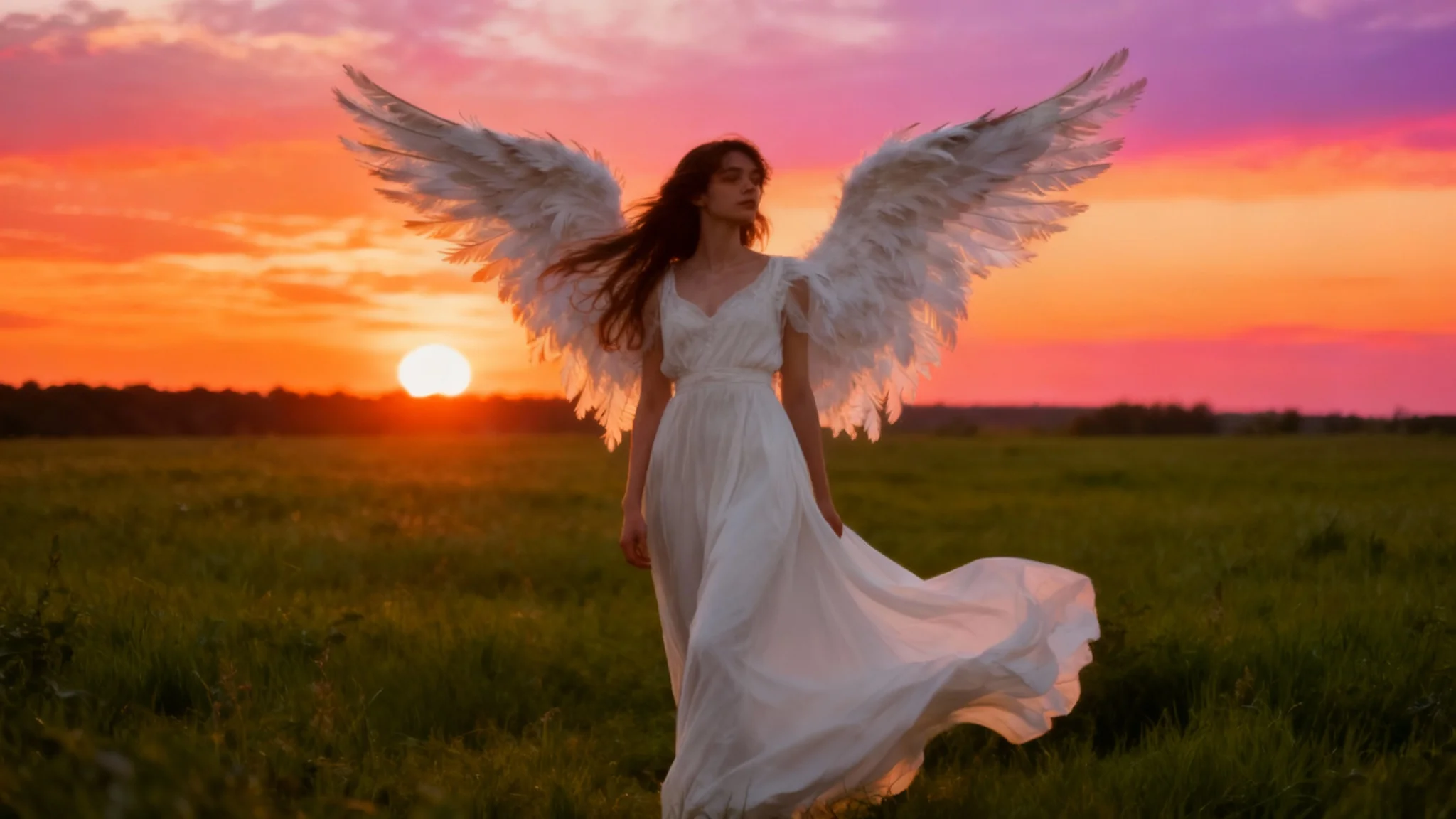 A woman in a white dress stands in a field at sunset, with large, beautiful white feathered wings added to her back, creating a magical, angelic effect.