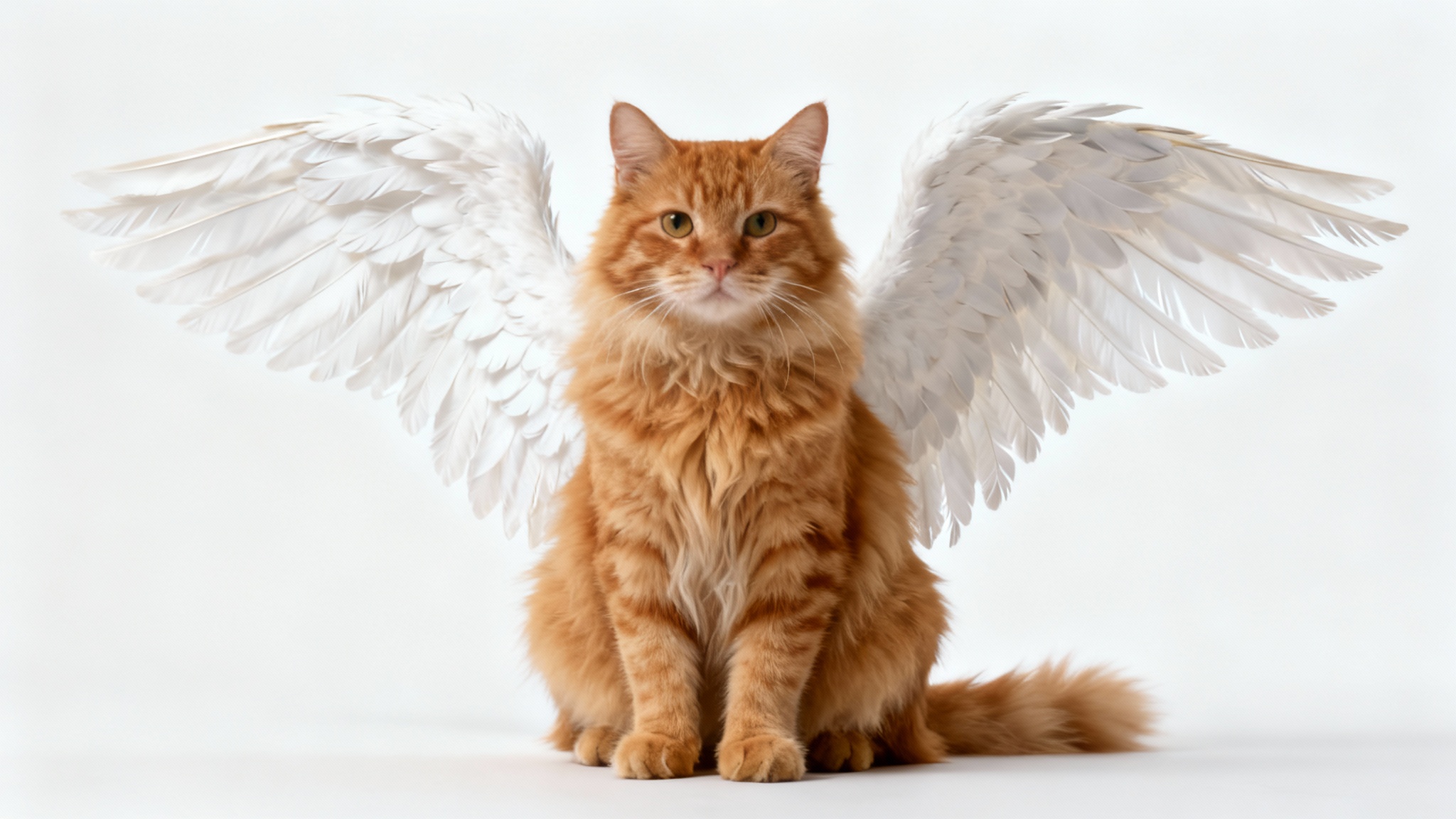 A realistic photo of a fluffy orange cat with large white angel wings beautifully edited onto its back, sitting against a solid white background.