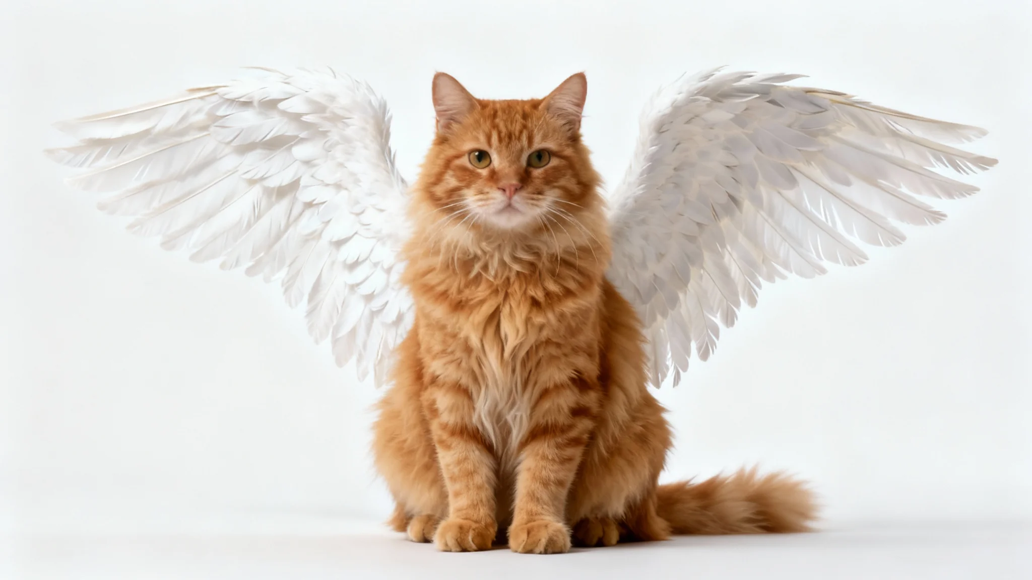 A realistic photo of a fluffy orange cat with large white angel wings beautifully edited onto its back, sitting against a solid white background.