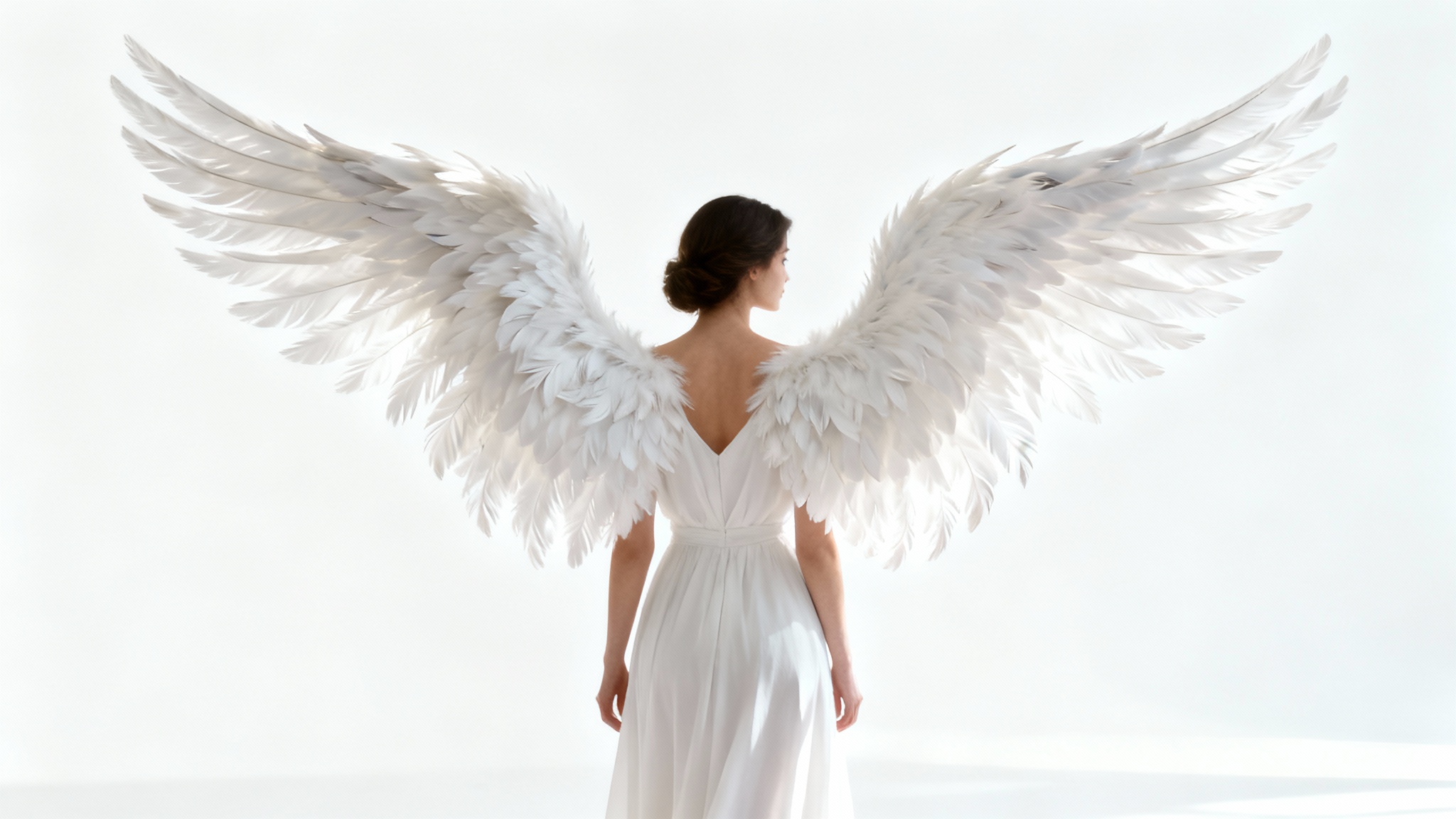 A photorealistic image of a woman with large, feathery white angel wings seamlessly added to her back, standing against a plain white background.