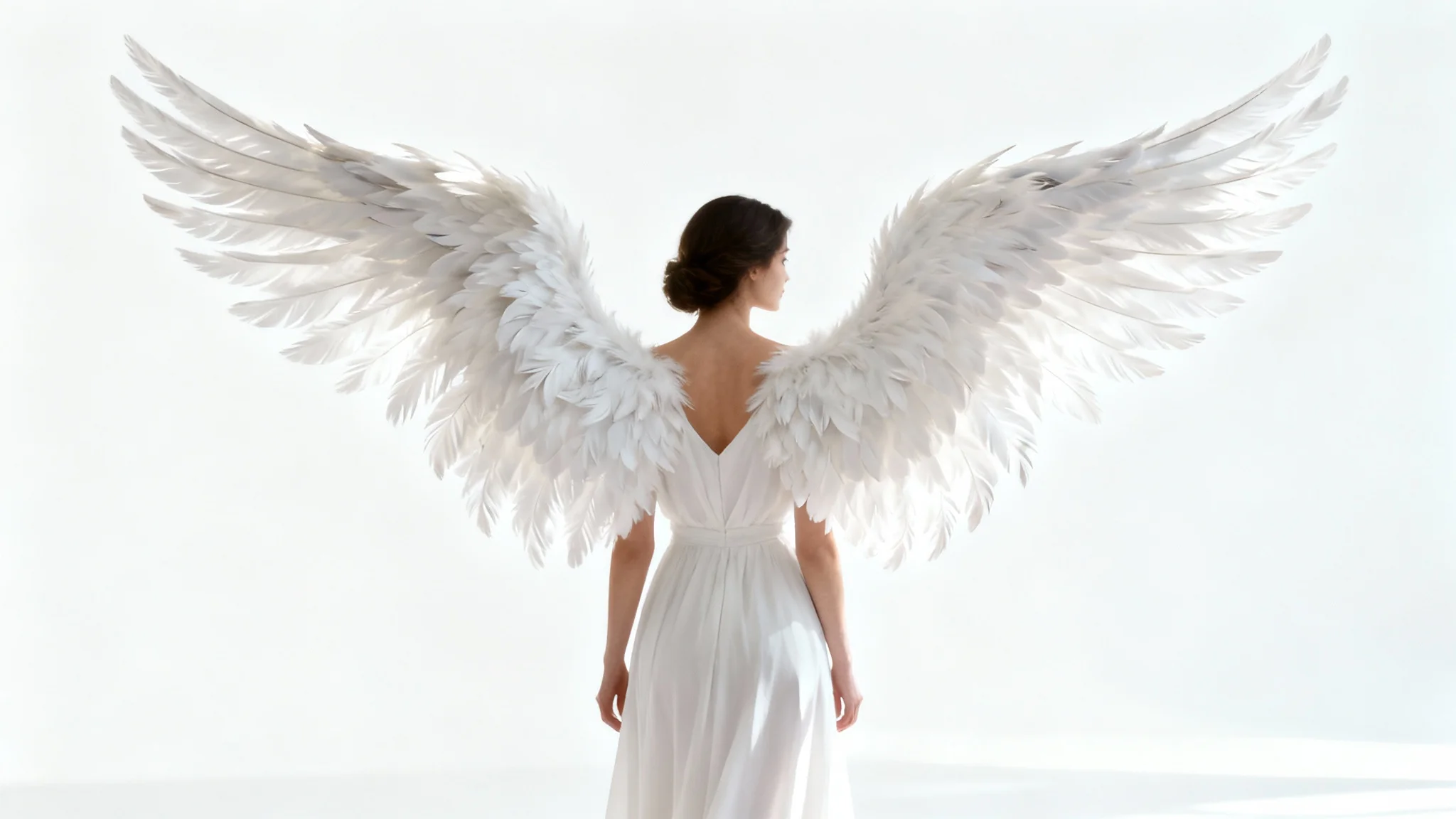 A photorealistic image of a woman with large, feathery white angel wings seamlessly added to her back, standing against a plain white background.