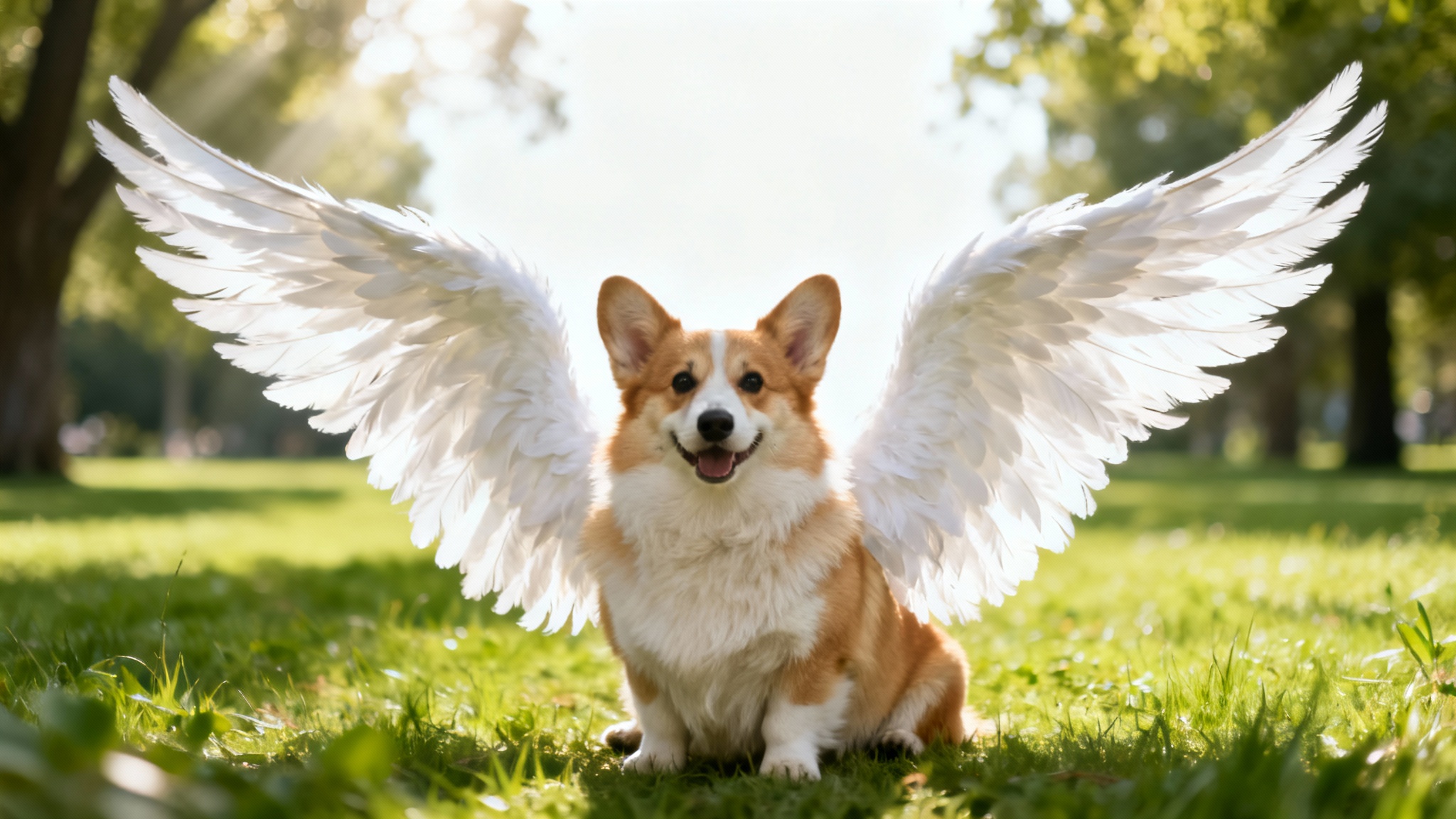 A photo of a happy corgi sitting in a park with large, white feathered angel wings edited onto its back, demonstrating a photo editing feature.
