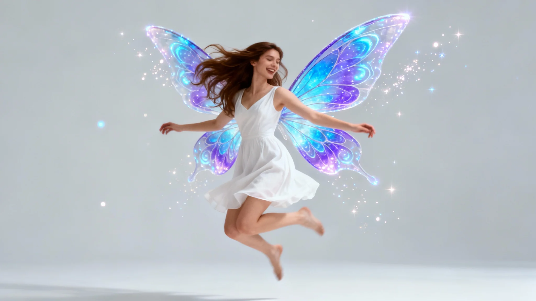 A photorealistic image of a woman in a white dress against a plain background, with large, glowing, magical fairy wings digitally added to her back.