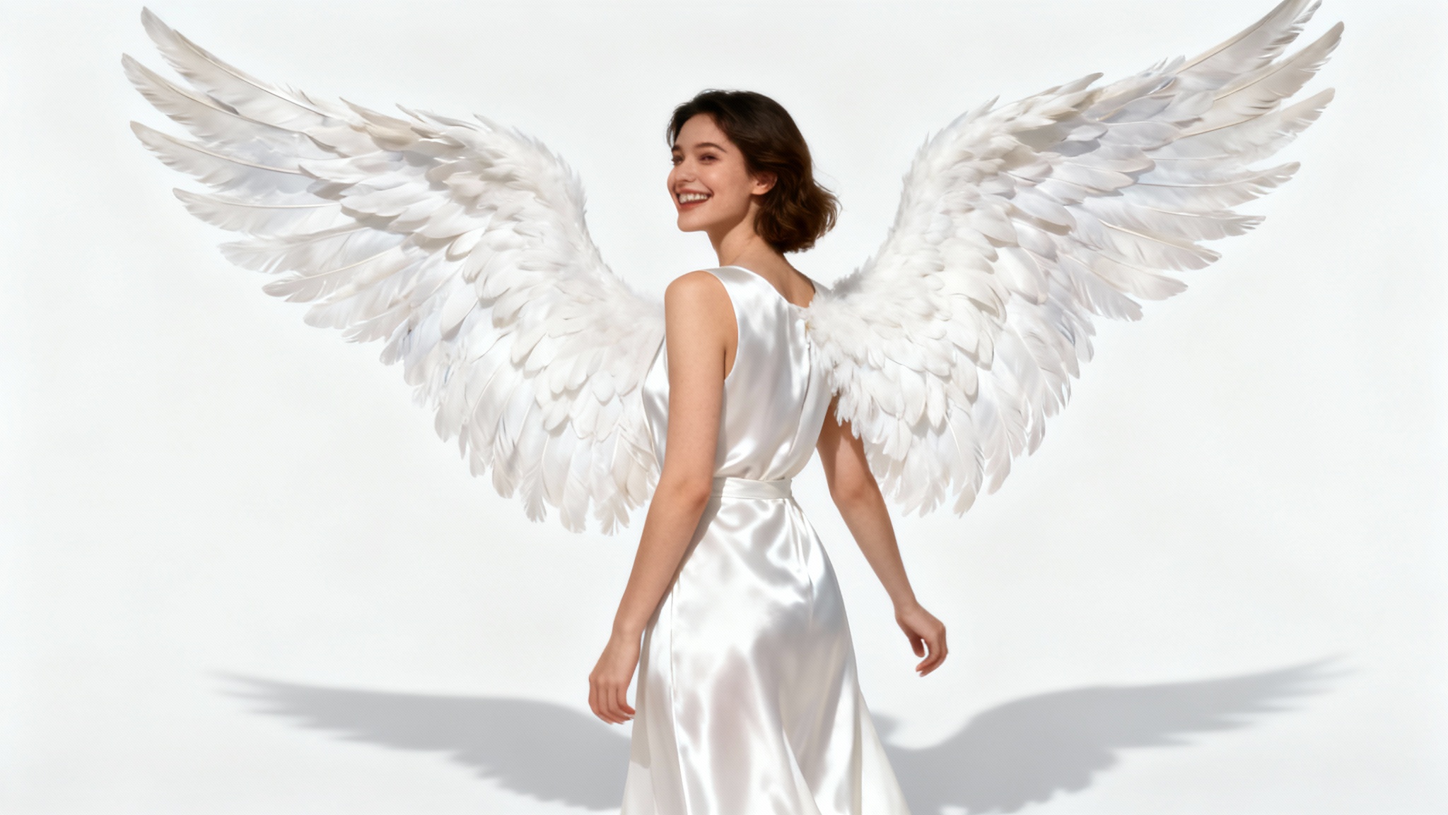 A photorealistic mockup image showing a woman in a white dress, with large, realistic white angel wings added to her back, viewed from a three-quarter angle against a solid white background.