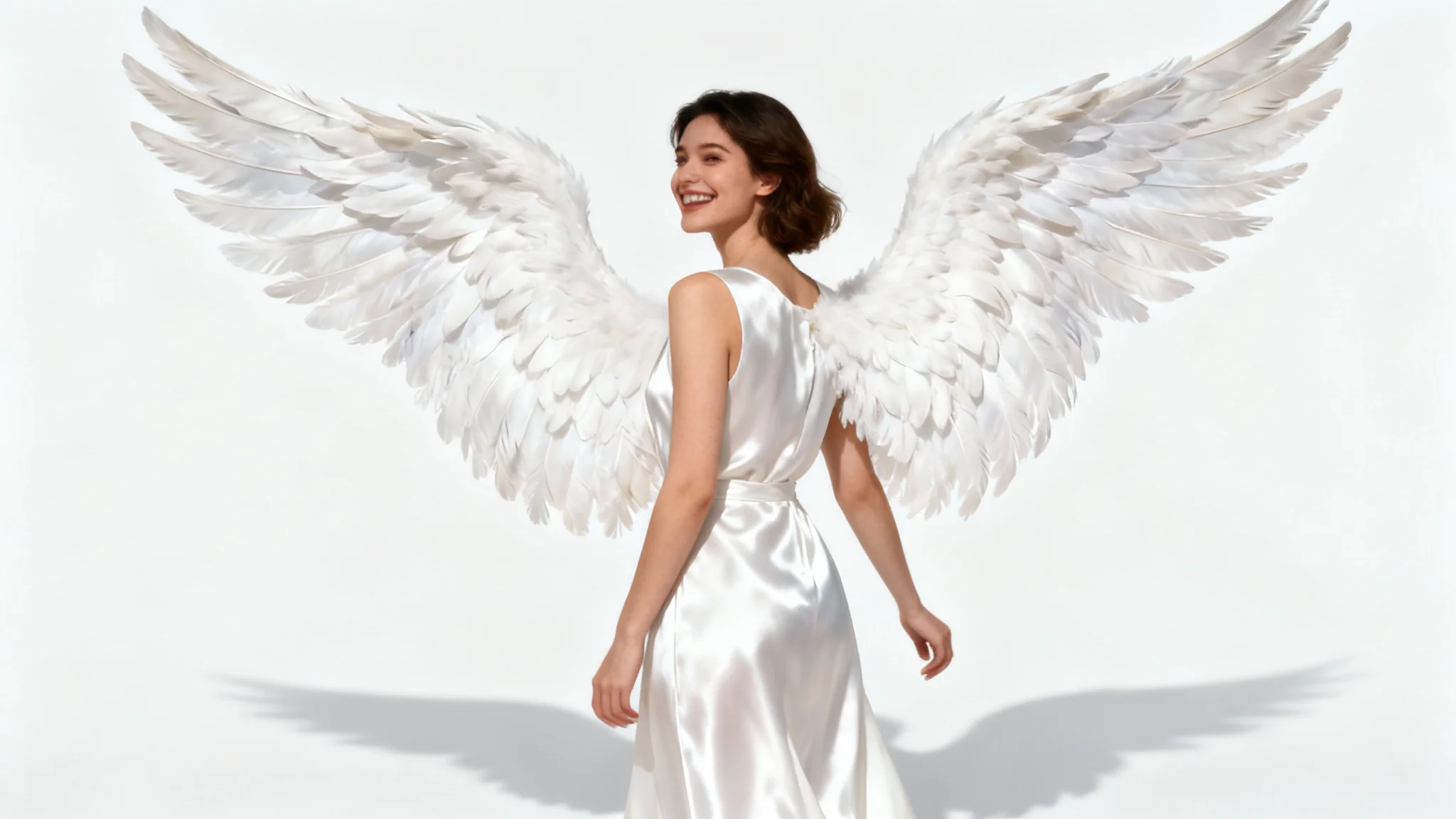 A photorealistic mockup image showing a woman in a white dress, with large, realistic white angel wings added to her back, viewed from a three-quarter angle against a solid white background.