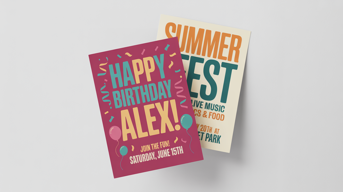 A vibrant mockup of two overlapping celebration posters on a white background. One poster is for a birthday party, and the other is for a summer festival.