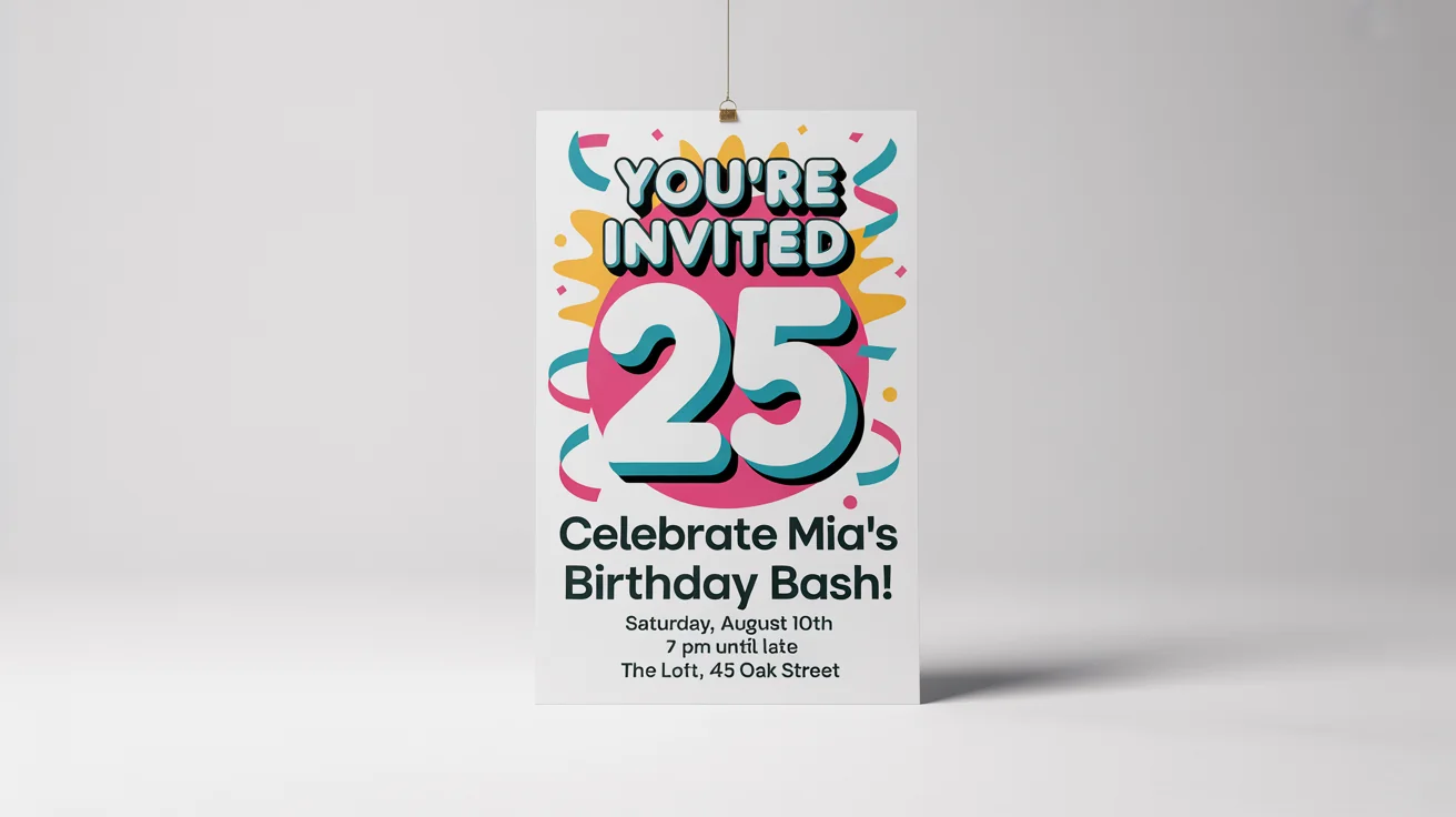 A colorful birthday poster mockup against a white background, inviting guests to 'Celebrate Mia's 25th Birthday Bash!' with event details listed below.