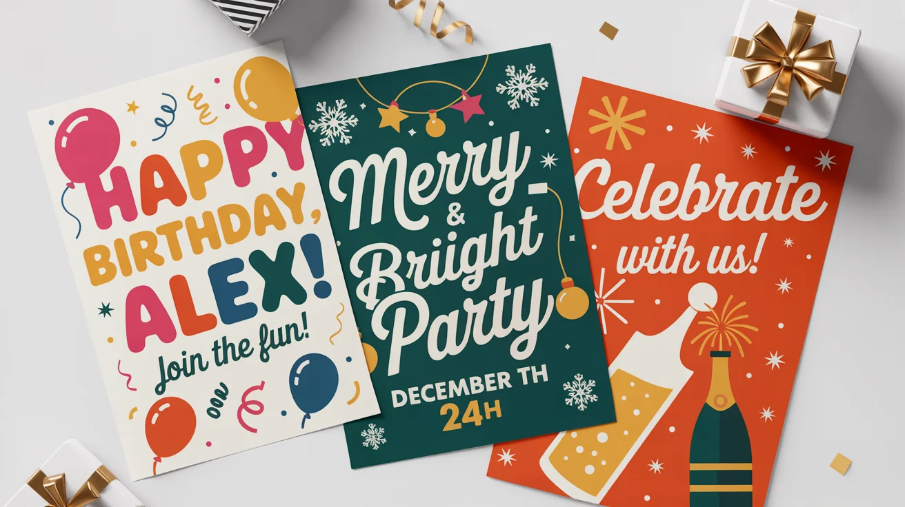 A vibrant display of three professionally designed celebration posters for a birthday, a Christmas party, and a general event, arranged on a white background.