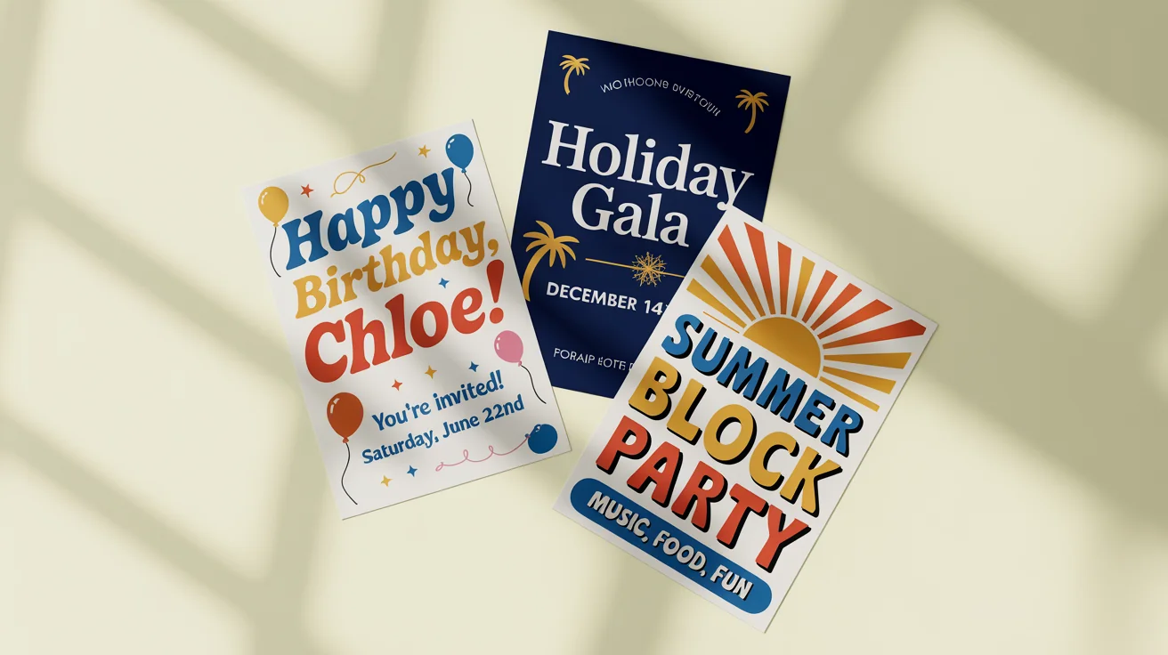 A top-down view of three beautifully designed celebration posters for a birthday, a holiday gala, and a summer block party, arranged on a white background.