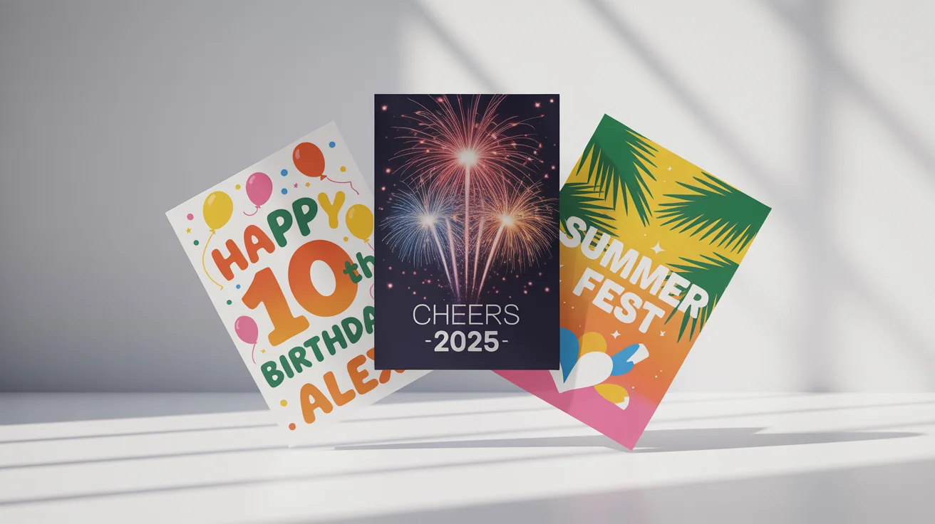 A collection of three colorful, professionally designed celebration posters for a birthday, New Year's, and a summer festival, displayed against a white background.