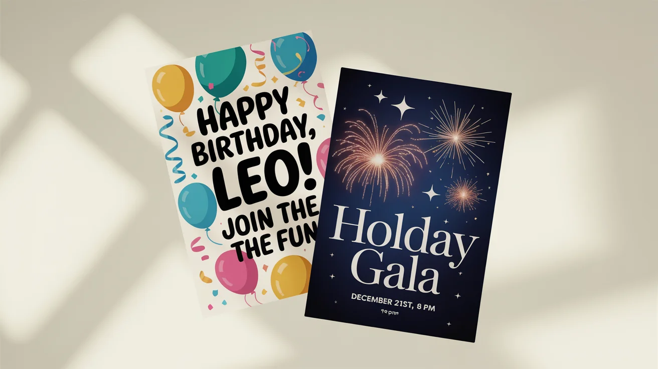A mockup of two celebration posters against a white background. One is a colorful birthday poster reading 'Happy Birthday, Leo!', and the other is an elegant holiday poster reading 'Holiday Gala'.