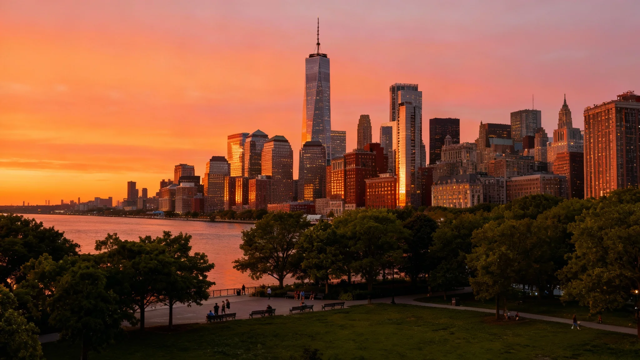 A panoramic 16:9 image of a city skyline at sunset, the result of using an AI tool to expand a vertical image into a horizontal one. The final image seamlessly includes a park in the foreground and a river along the city's edge.