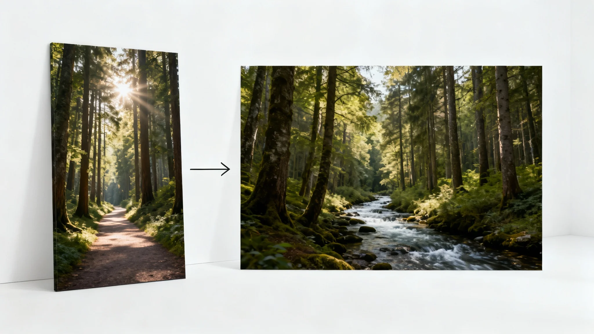 A before-and-after mockup showing a vertical forest image being expanded into a wider, horizontal landscape image, against a clean white background.