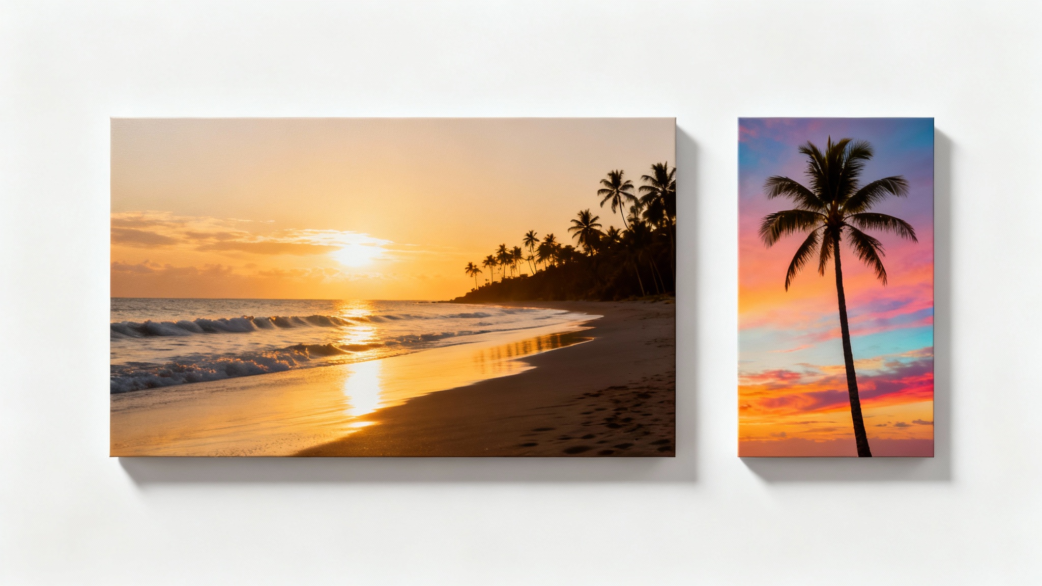 A conceptual image showing two photo prints on a white background to illustrate changing an image's orientation. One print is a wide horizontal landscape of a beach sunset, and the other is a tall vertical crop of a palm tree from the same scene.