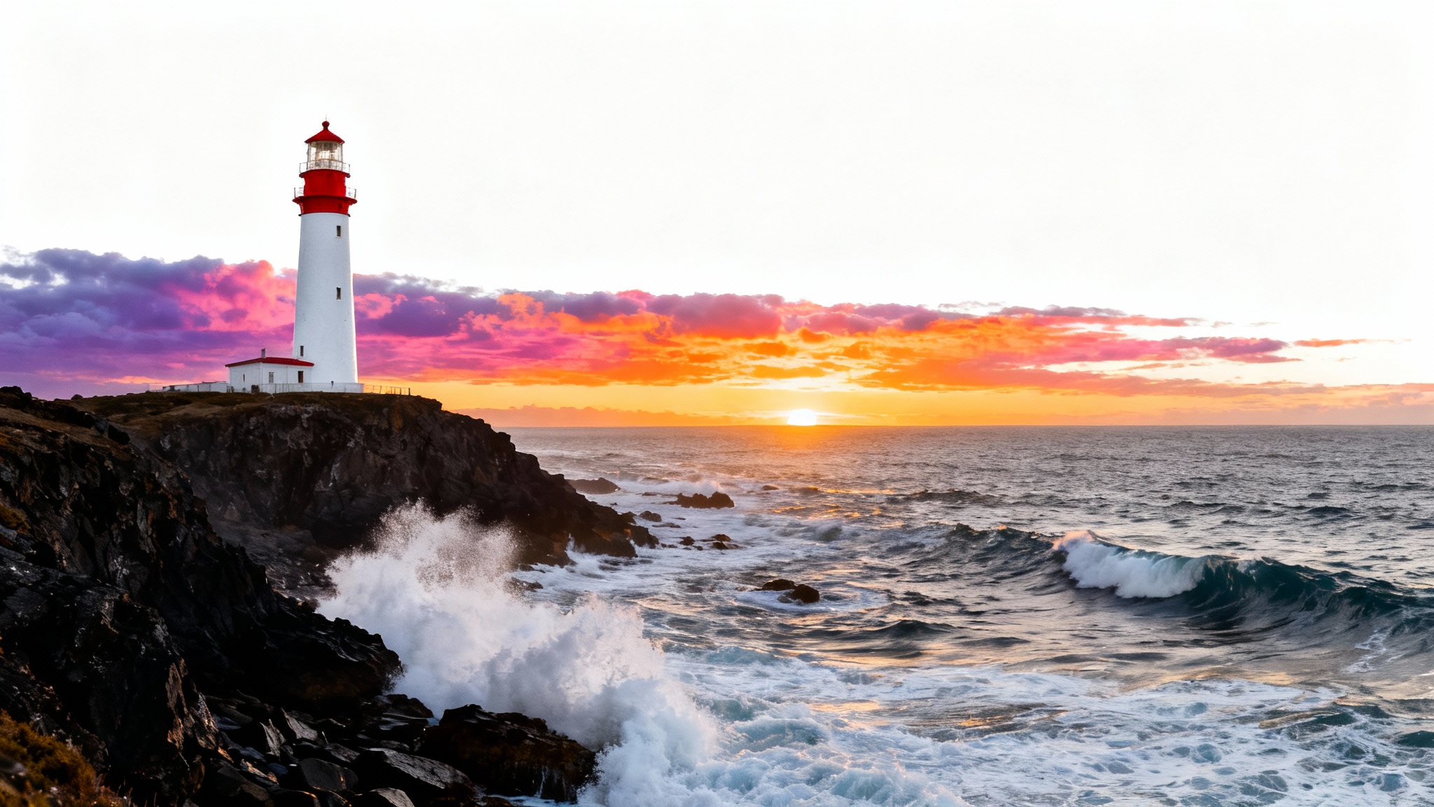A photorealistic mockup demonstrating a vertical image being expanded into a horizontal one. A tall lighthouse on a cliff, a strong vertical subject, is seamlessly extended into a wide panoramic coastal scene with a dramatic sunset and crashing waves.